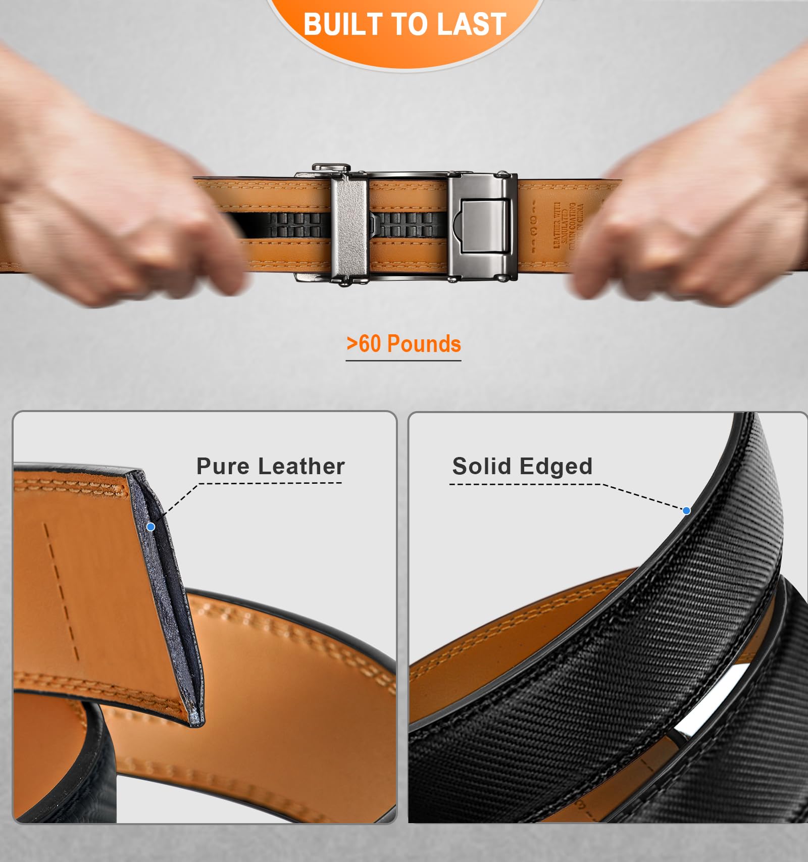 BULLIANT Belt Strap for Men Ratchet Belts Genuine Leather Width 1 3/8",Cut for Fit(Black/Orange Brown,26"-40" Waist Adjustable)