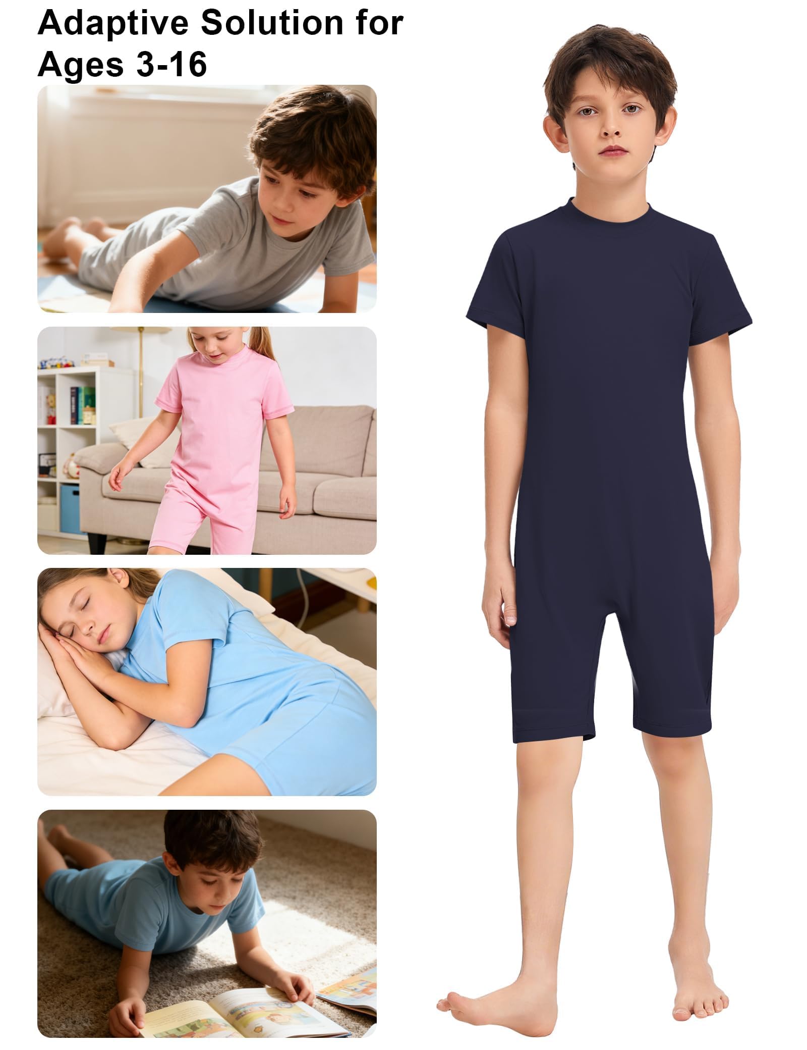 SPOFOR Kids Adaptive Sensory Jumpsuit for Autism SPD Anti-Strip Romper with Back YKK Zipper