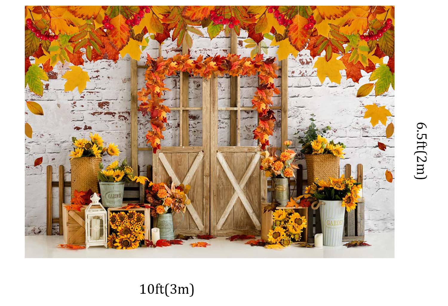 Kate 10x6.5ft Autumn Farm Sunflowers Decoration Photography Backdrops Scenic Fall Leaves White Brick Wall Wood Door Children Baby Shower Photo Background