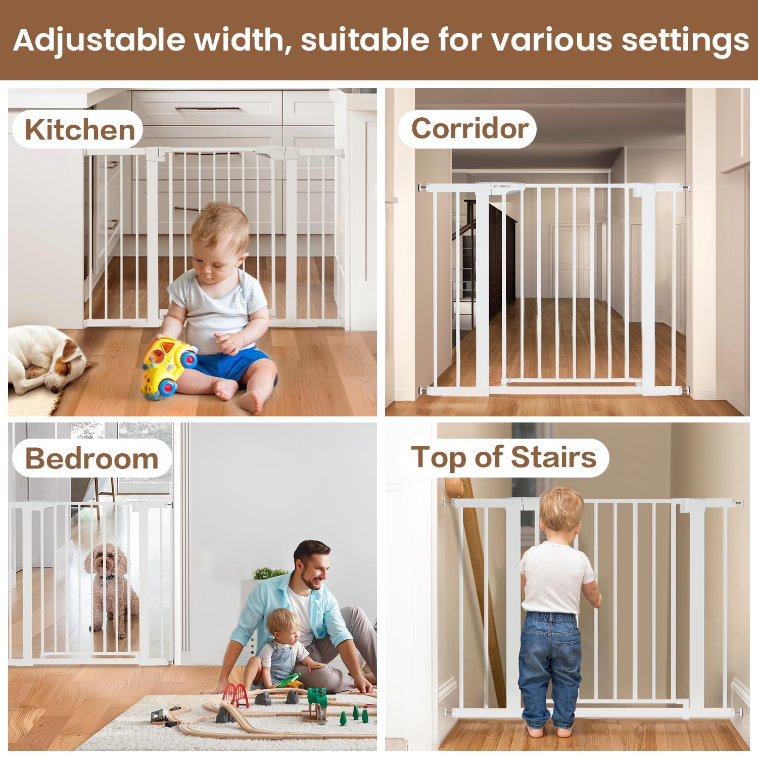 Mumeasy Baby Gate for Stairs - 29.6-46" Auto Close Dog Gate for Doorways, Extra Wide Child Gate Indoor, Walking Through Safety Gate for Kid, Pet Gates No Drilling White, Mom's Choice Awards Winner