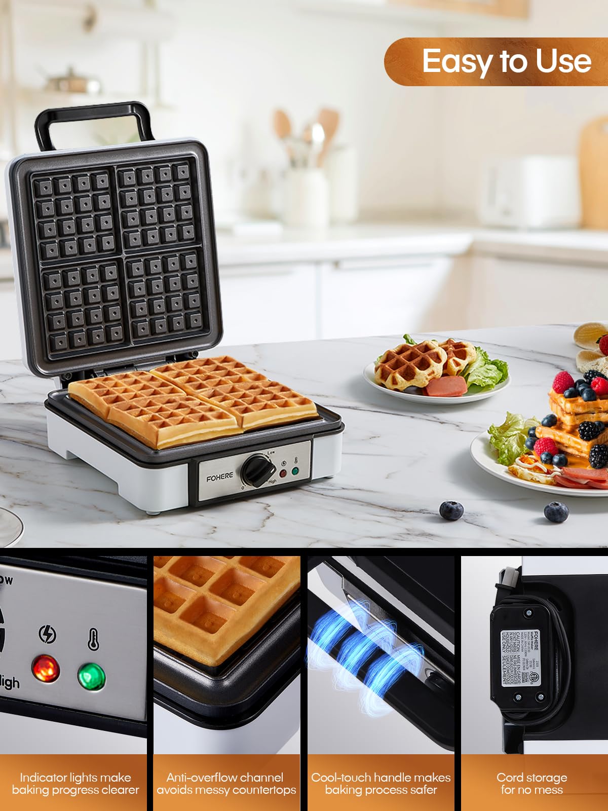 Belgian Waffle Maker 𝟒 𝑺𝒍𝒊𝒄𝒆𝒔, 𝟏𝟐𝟎𝟎𝑾 Waffle Iron, Waffle in 𝟓 𝑴𝒊𝒏𝒔, 5 Browning Levels, Nonstick Plates, Cool-touch Handle, Anti-scald, Anti-overflow, Indicator Lights, Recipe, White