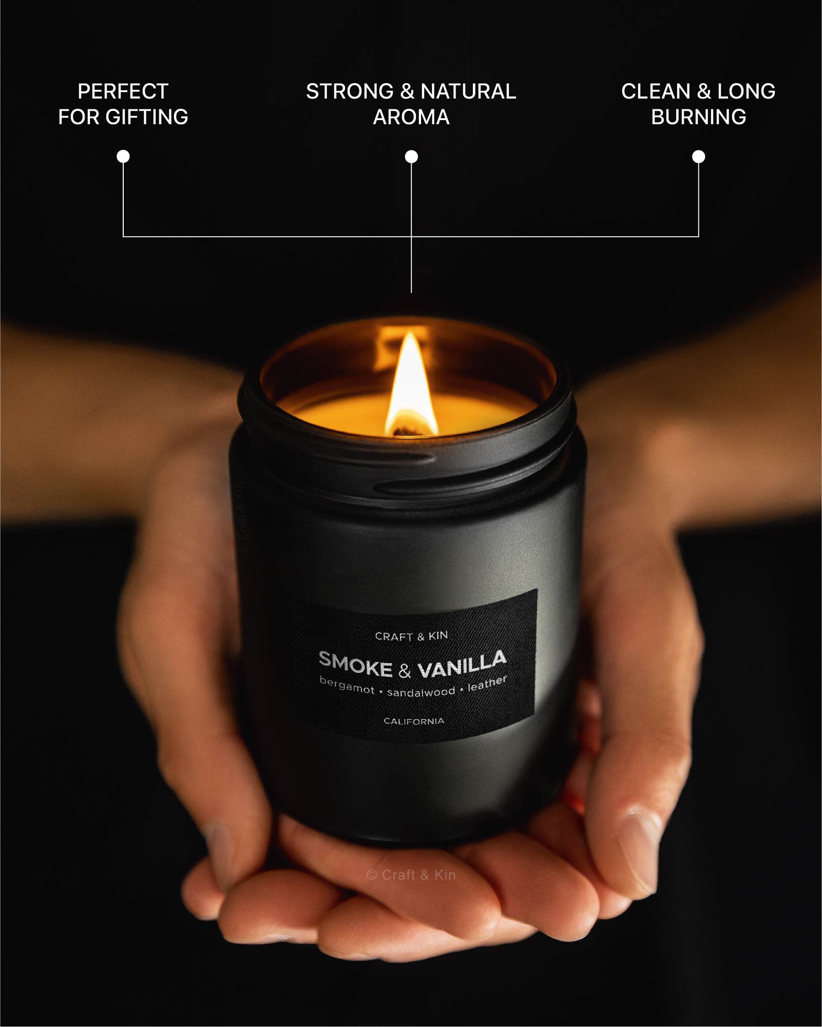 Craft & Kin Smoke & Vanilla Candle | Scented Candle for Men | Masculine Candle | Soy Candle | Scented Candle for Home Scented | Black Candles | Long Lasting Candles with 45 Hour Burn Time 7.6oz