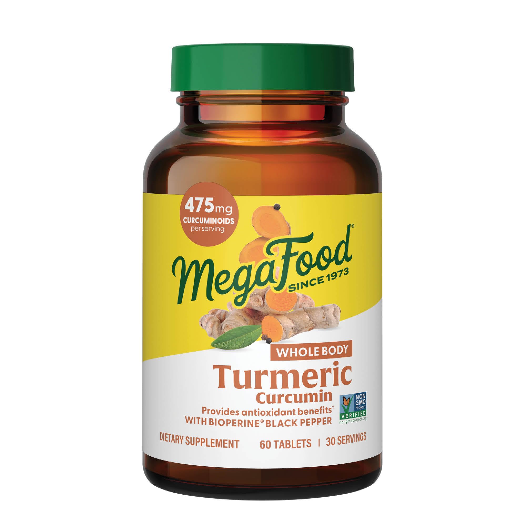 MegaFood Turmeric Curcumin Extra Strength - Whole Body - Turmeric Curcumin with Black Pepper- 475mg Curcuminoids - Holy Basil, Tart Cherry - Made Without 9 Food Allergens - 60 Tabs (30 Servings)