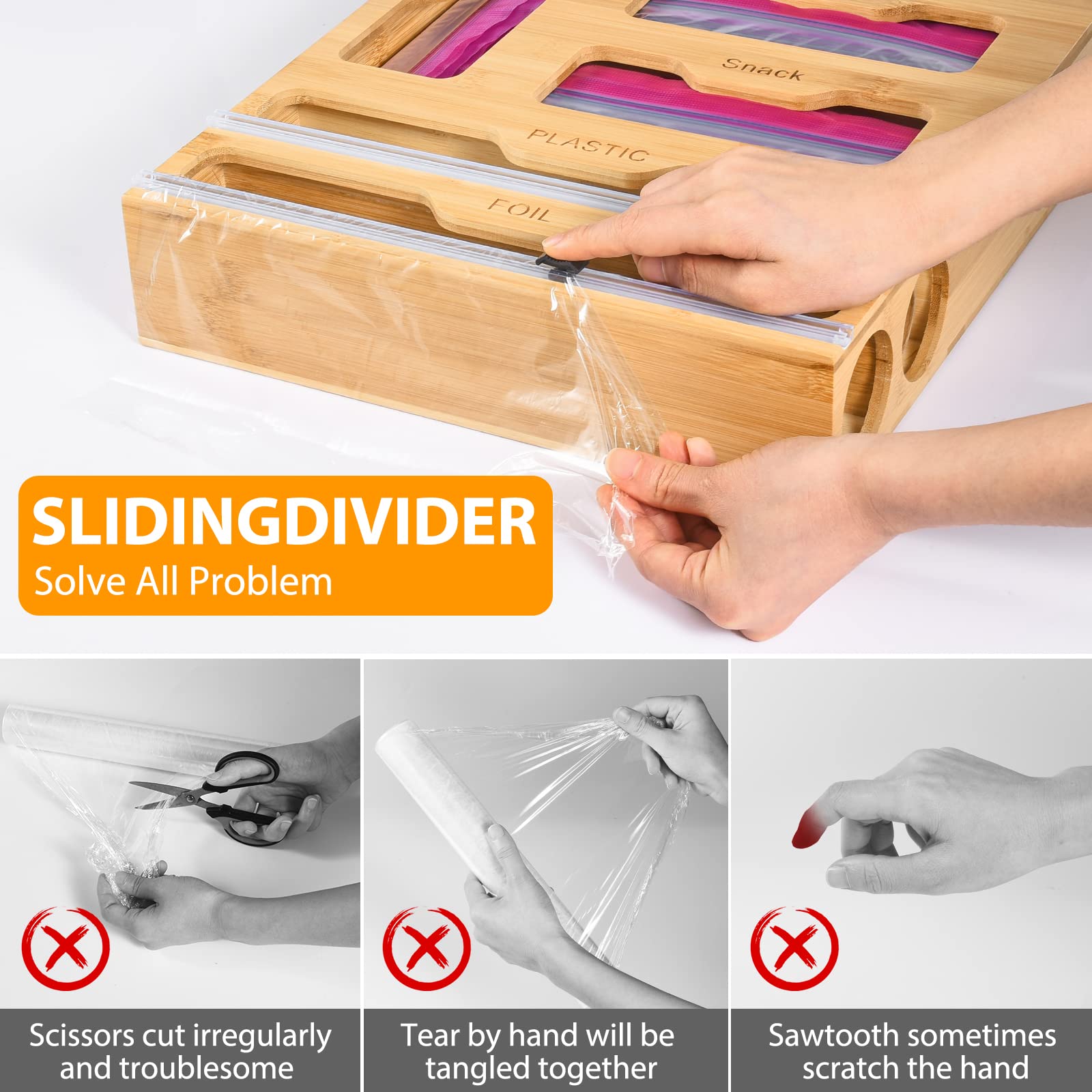INHOTBY Foil and Plastic Wrap Organizer,Bamboo Ziplock Bag Organizer,6 in 1 Aluminum Foil Dispenser with Cutter,Tin Foil Baggie Organizer for Drawer,Kitchen containters Organization and Storage
