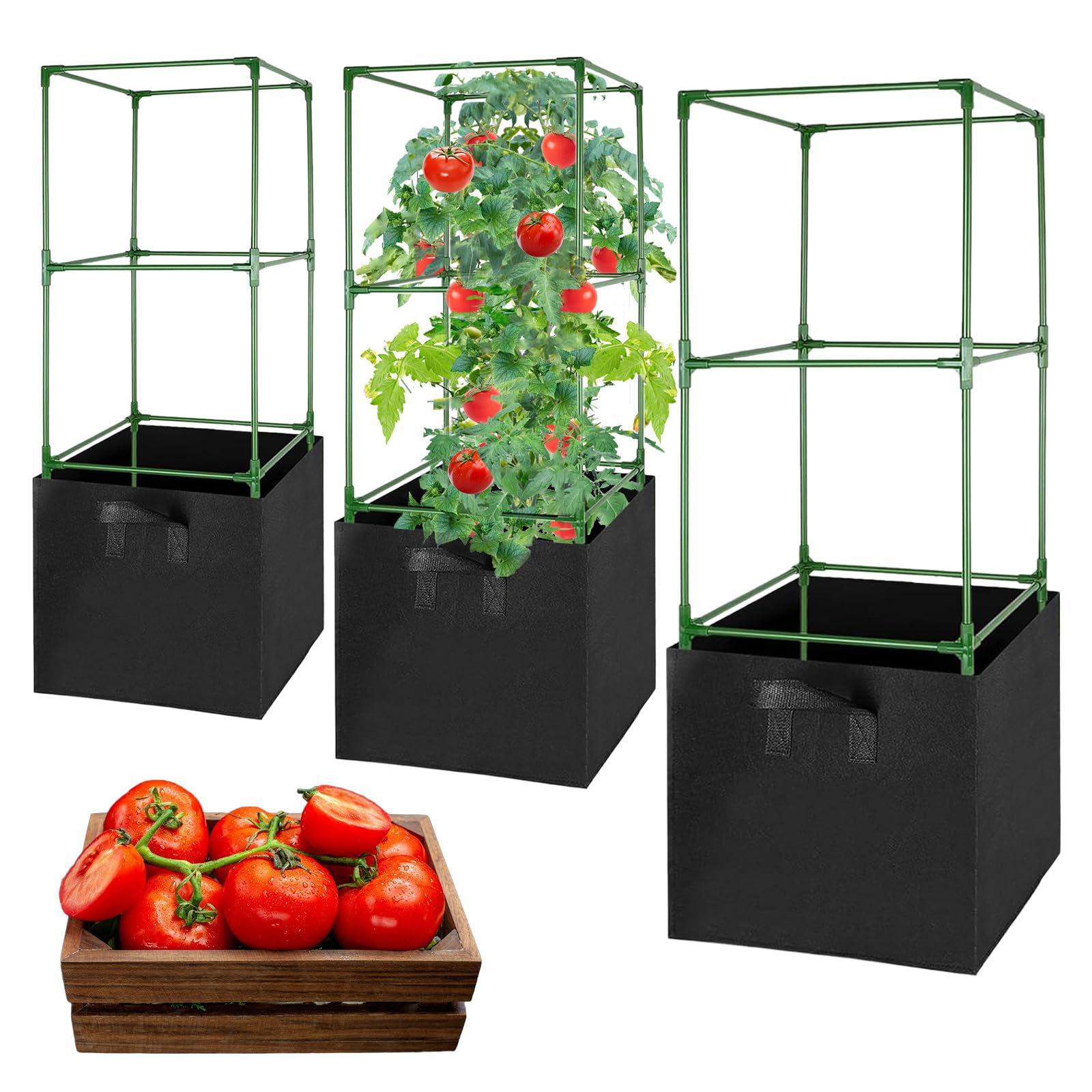 MQHUAYU 3 Pack Tomato Cages with 17 Gallon Grow Bags, 47” Heavy Duty Square Tomato Plant Stakes Support Cages Trellis for Garden Climbing Vegetables Flowers Fruits (47IN Tall, Extra-Bold)