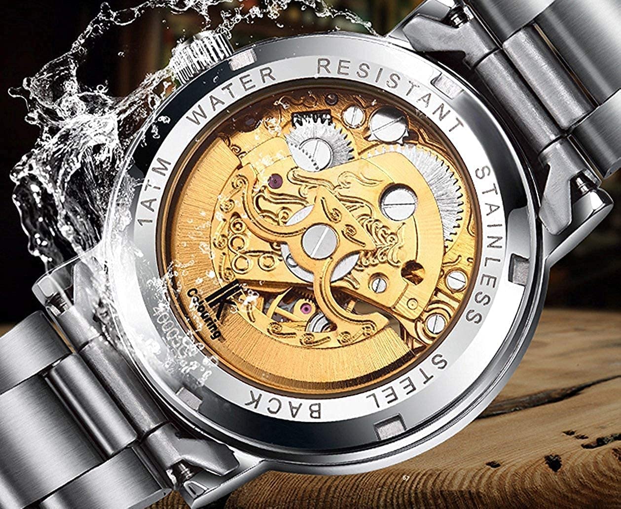 BESTKANG Womens Skeleton Watch Automatic Self Winding Luxury Waterproof Silver Stainless Steel Silver Watches (Gold)