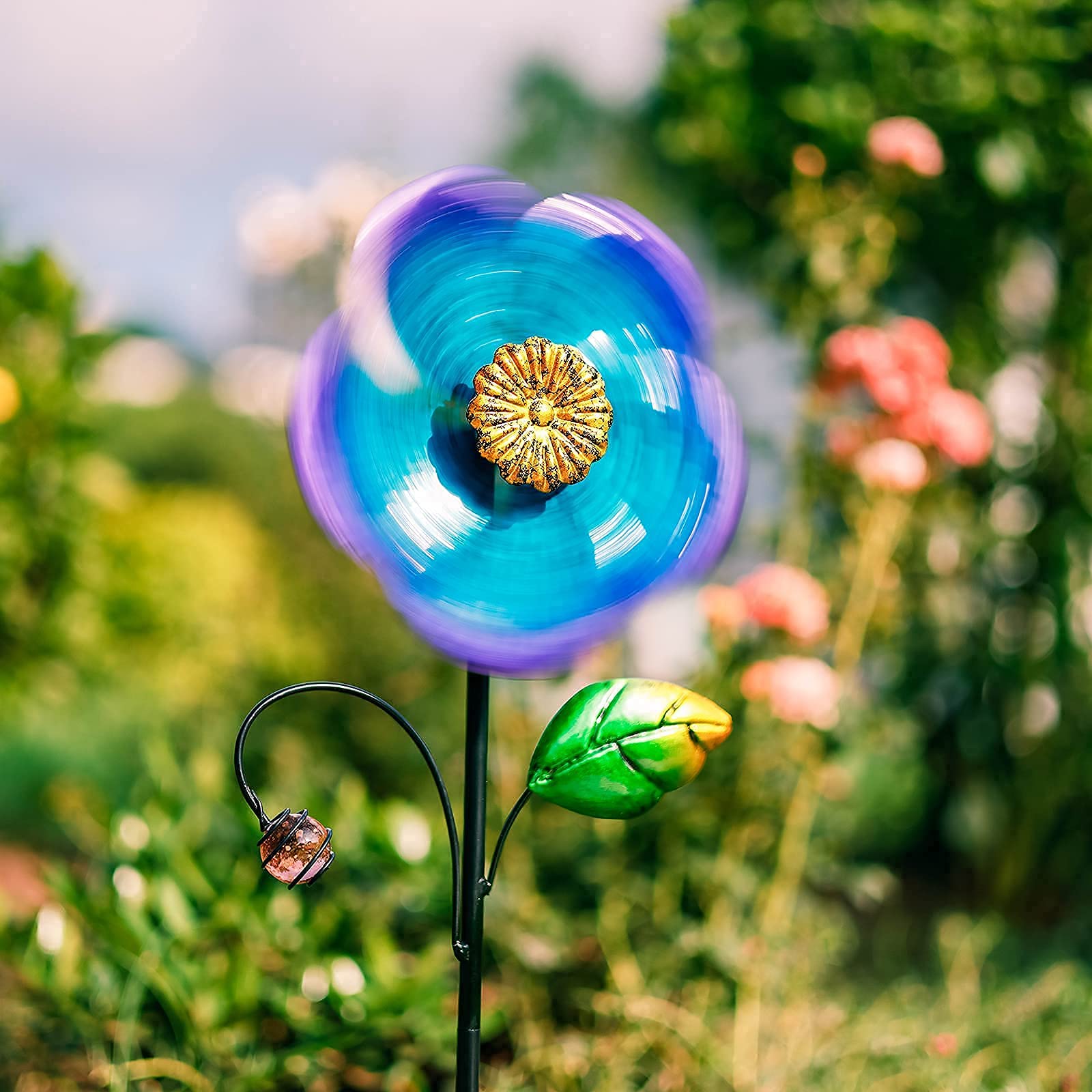 Viveta Wind Spinner with Metal Stake, 28.7 inches Outdoor Garden Pinwheels Spinners Blue Flower Shape Design for Yard Lawn Patio Decor