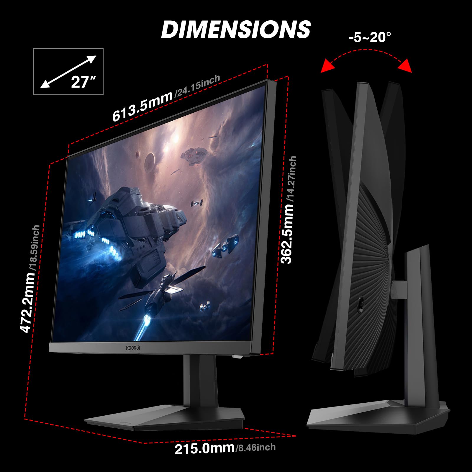 KOORUI 27" Gaming Monitor, 165Hz, IPS, FHD 1920 x 1080 1ms with Adaptive Sync, 75x75 mm VESA Mountable, Tilt adjustable, 2 x HDMI 2.0 & DisplayPort 1.4, GN06, Black