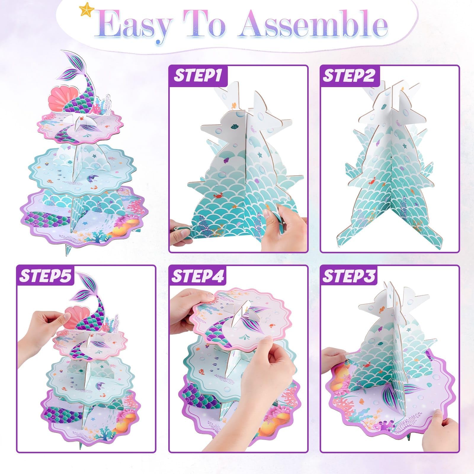 WERNNSAI Mermaid Cupcake Stand - Mermaid Birthday Party Decorations for Kids Girls 3-Tier Cardboard Cupcake Stand Dessert Tower Holder Round Serving Tray Stand Mermaid Theme Baby Shower Party Supplies