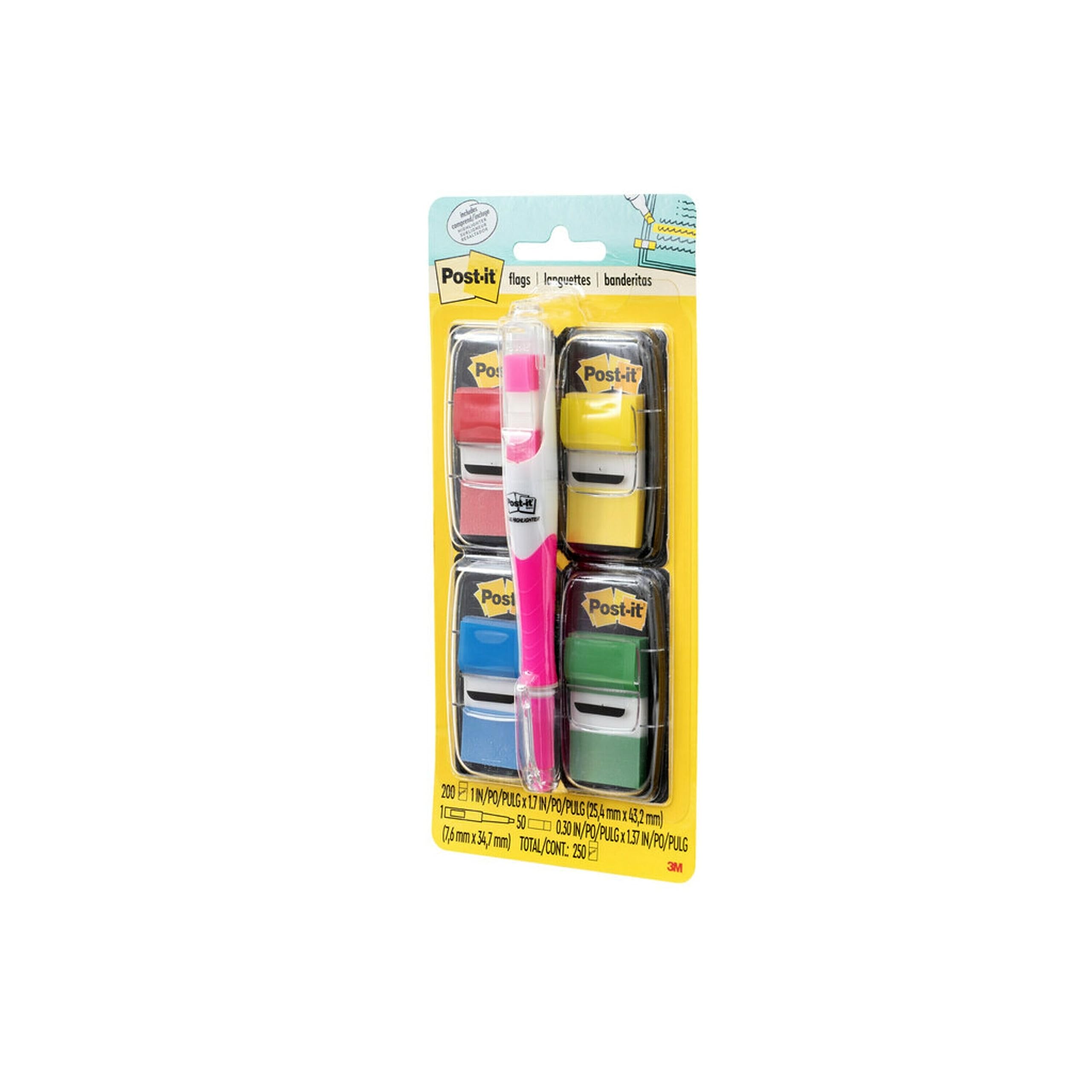 Post-it Flags Value Pack, 50/Dispenser, 4 Dispensers/Pack, 1 in Wide, Assorted Colors, Includes Free Flags + Highlighter (680-RYBGVA)