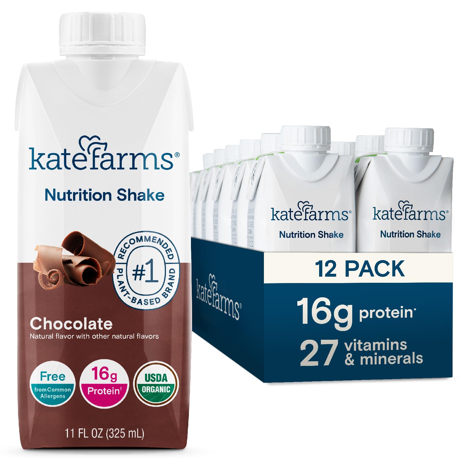 KATE FARMS Organic Nutrition Shake, Chocolate, 16g Protein, 27 Vitamins and Minerals, Protein Meal Replacement Drink, Protein Shake, 11 oz (12 Pack)