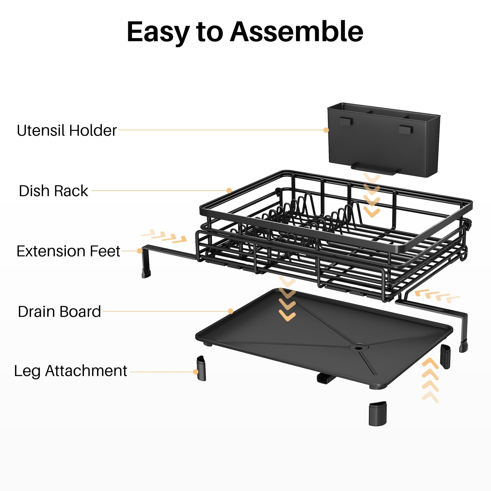 SNTD Dish Drying Rack - Extendable Dish Rack, Large Sink Drying Dish Drainer for Kitchen Counter, Stainless Steel Dish Strainer with Utensil Holder (Black)
