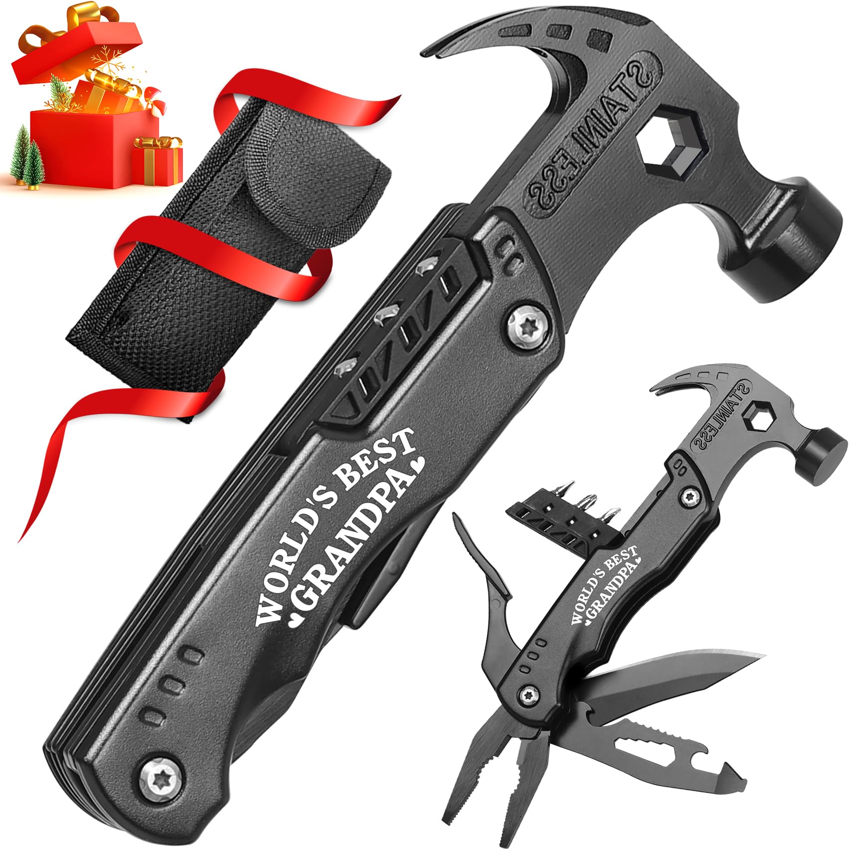 Grandpa Gifts - Grandpa Fathers Day Gift, Gifts for Grandpa - "WORLD'S BEST GRANDPA" 15 in 1 Multitool Hammer - Fathers Day Grandpa Gifts from Grandchildren, Christmas Birthday Gift Ideas for Grandpa