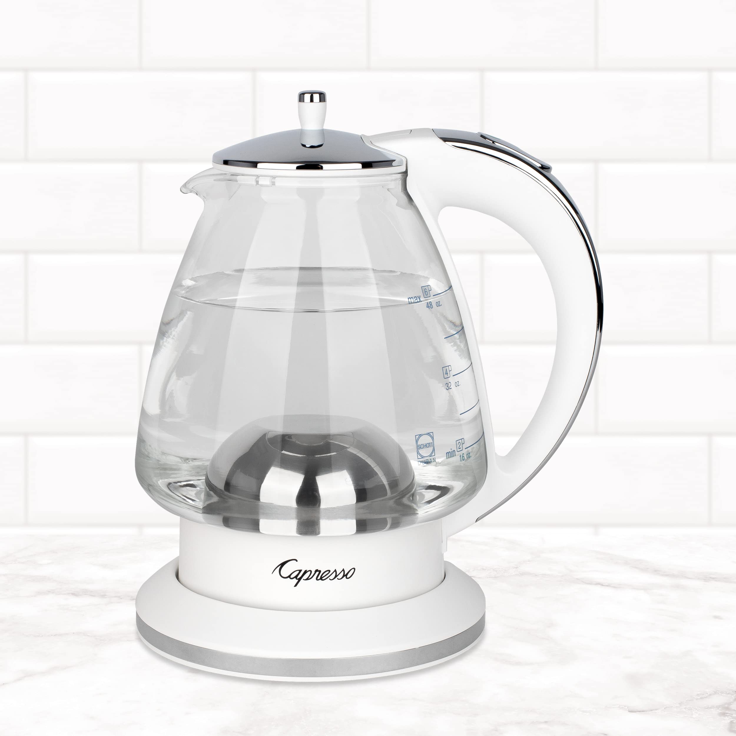 Capresso H2O Glass Kettle, 240.02, White and polished chrome, 48 ounces