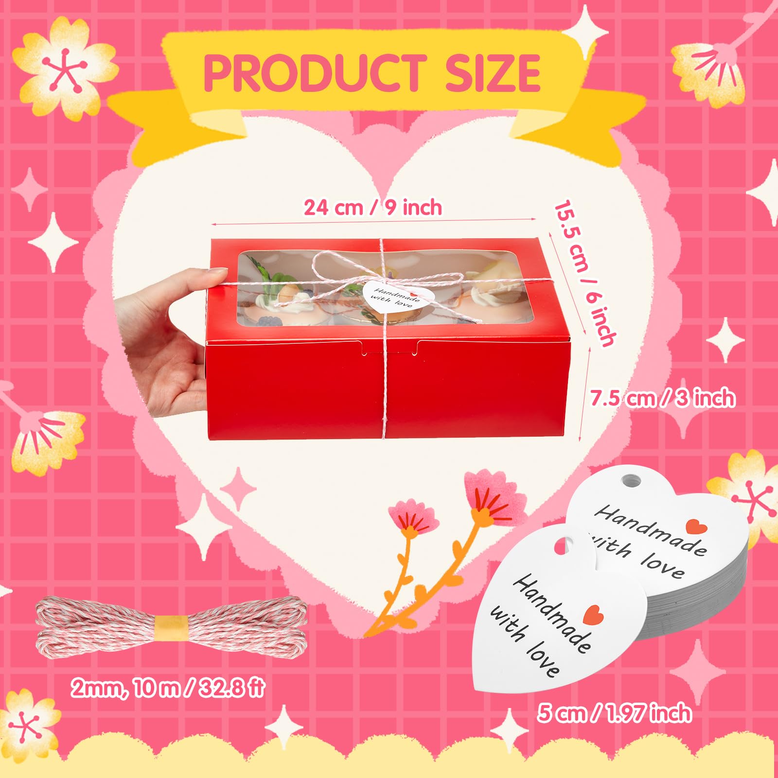 Maxcheck 50 Set Valentine's Day Cookie Boxes with Window 9x6x3 Inches Red Pink Bakery Box for Gift Giving with Rope Love Card for Christmas Mother's Day Chocolate Pastries Dessert Packaging