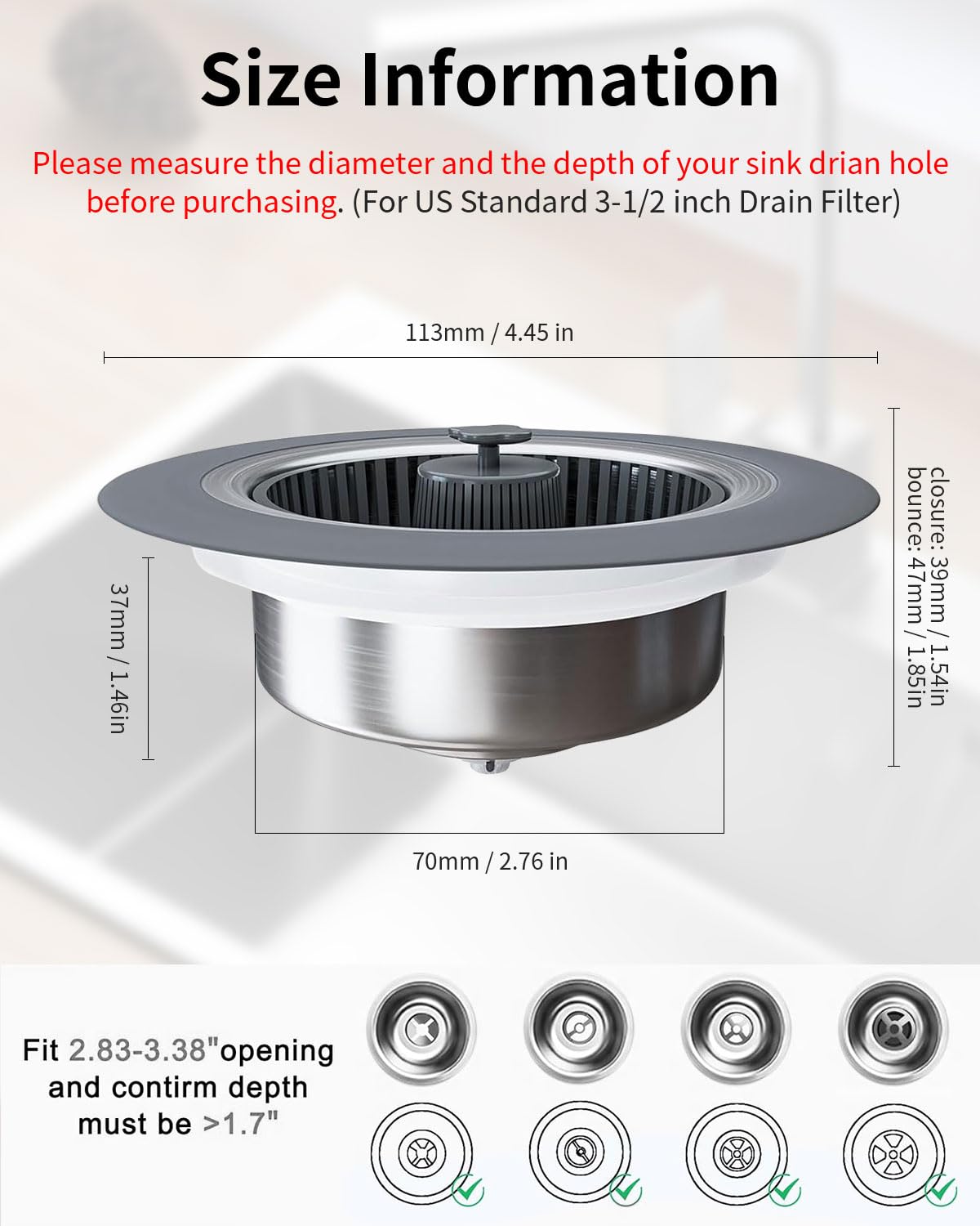 RLQXG 3 in 1 Kitchen Sink Drain Strainer [Premium PP Basket] Anti-Clogging Kitchen Sink Drain Stopper Stainless Steel Efficiently Drainage Odor Filter Sink Plug for Us Standard 3-1/2 Inch