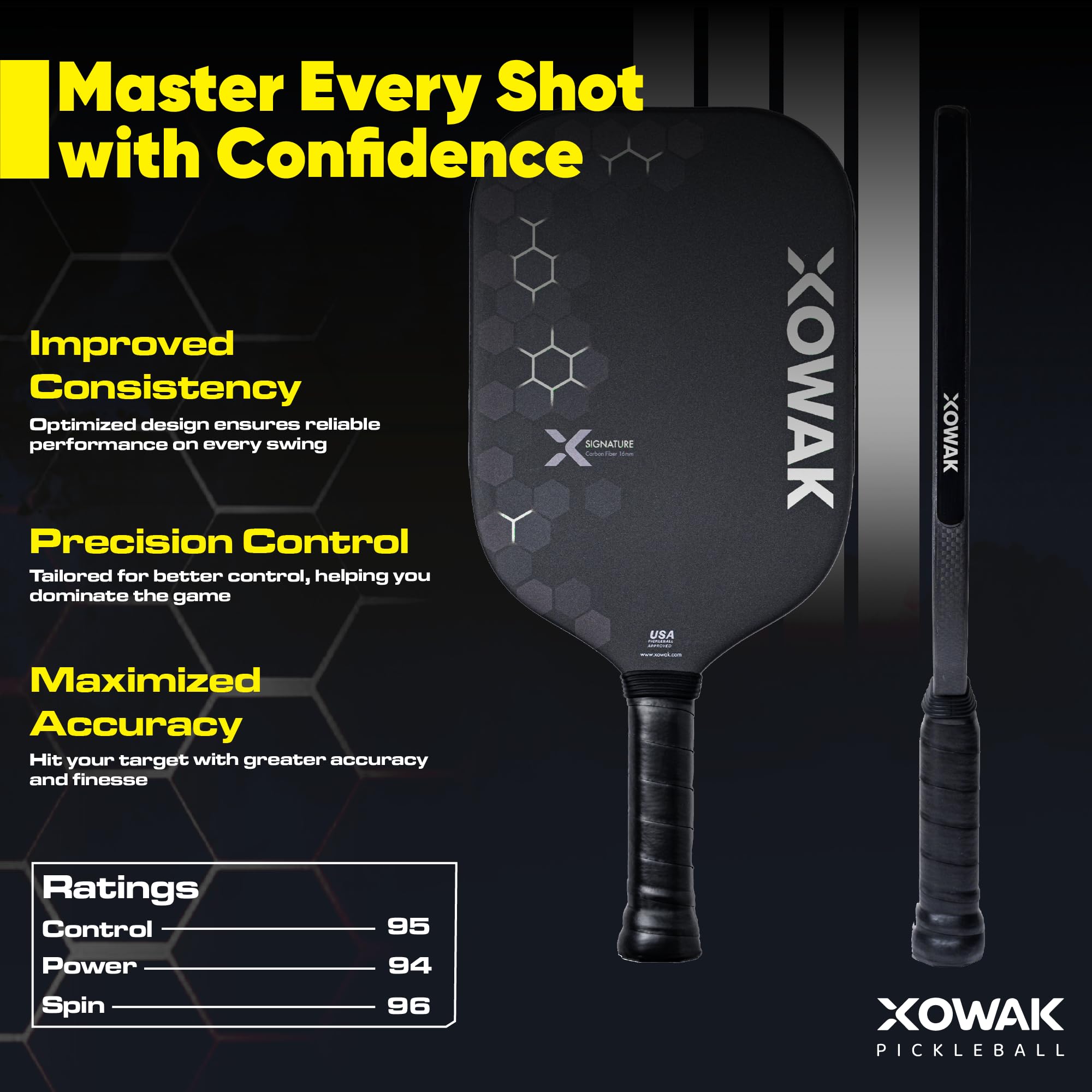 Xowak Signature 16mm Pickleball Paddle - T700SC Carbon Fiber Paddle for Max Power & Precision Spin with Comfy Anti-Slip Grip - Pickleball Racket for Advance & Intermediate Players