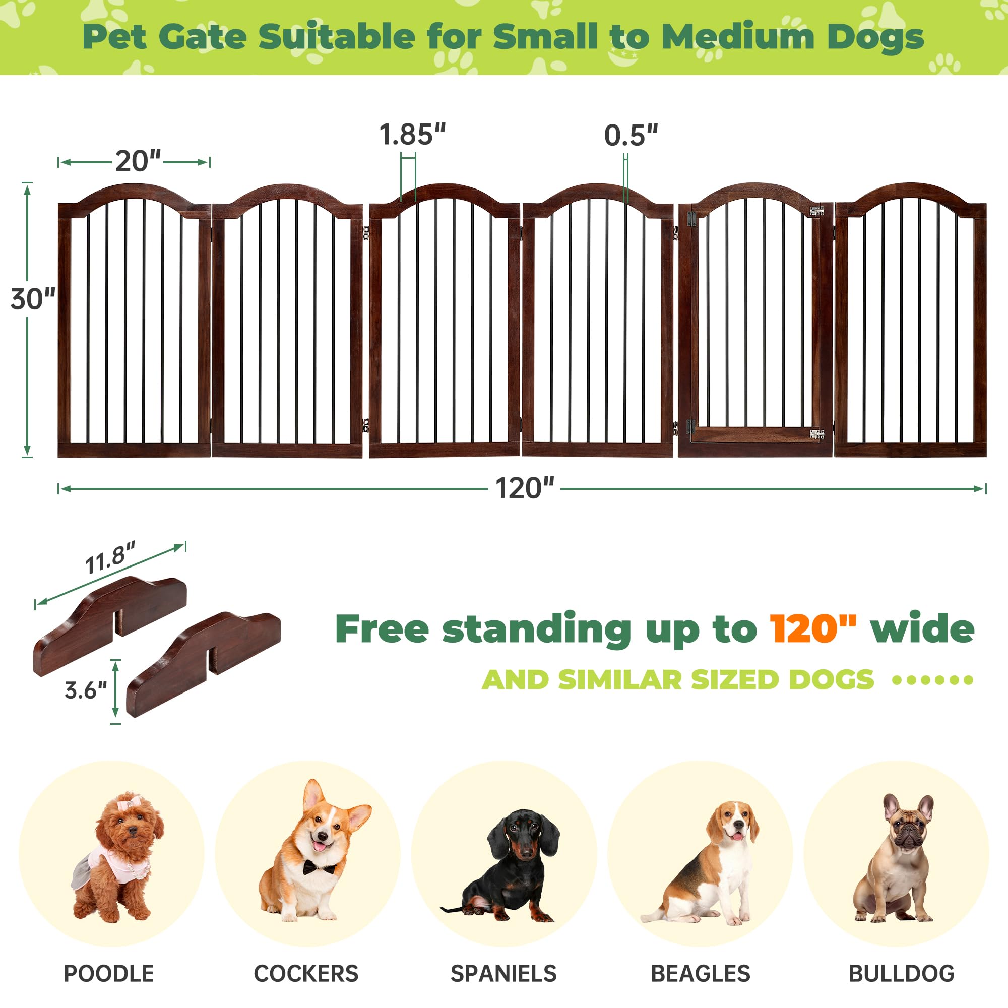 PrimeZone 120" Extra Wide Dog Gate - 6-Panel 30" Tall Solid Acacia Wooden Freestanding Puppy Gates with Door, Foldable Indoor Pet Fence for Doorways, Stairs, Support Feet Included, Brown