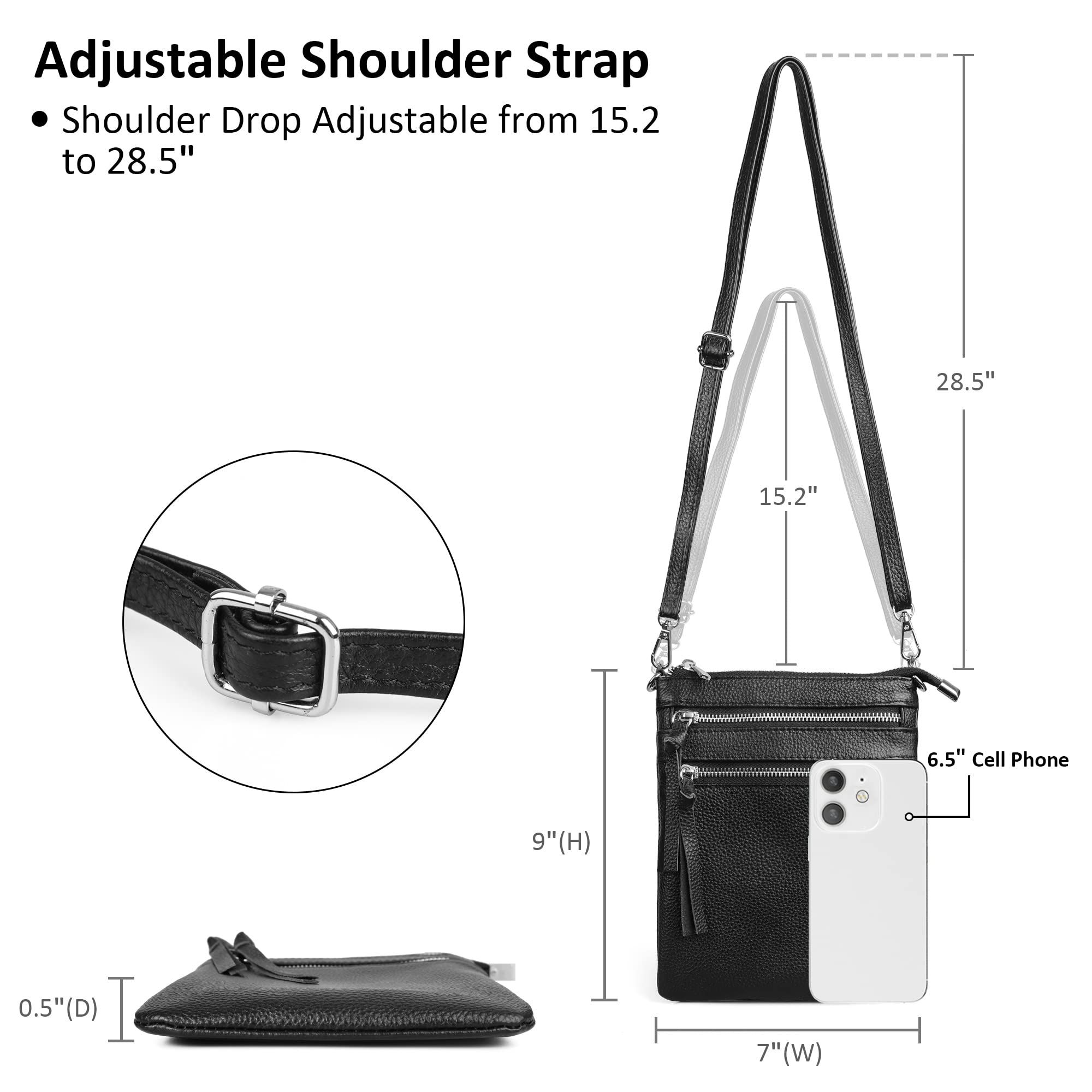 befen Small Black Genuine Leather Crossbody Purses for Women Trendy, Mini Shoulder Cross Body Bags Tripple Zipper Pouch Purse Travel - Fit iPhone 14 Pro Max