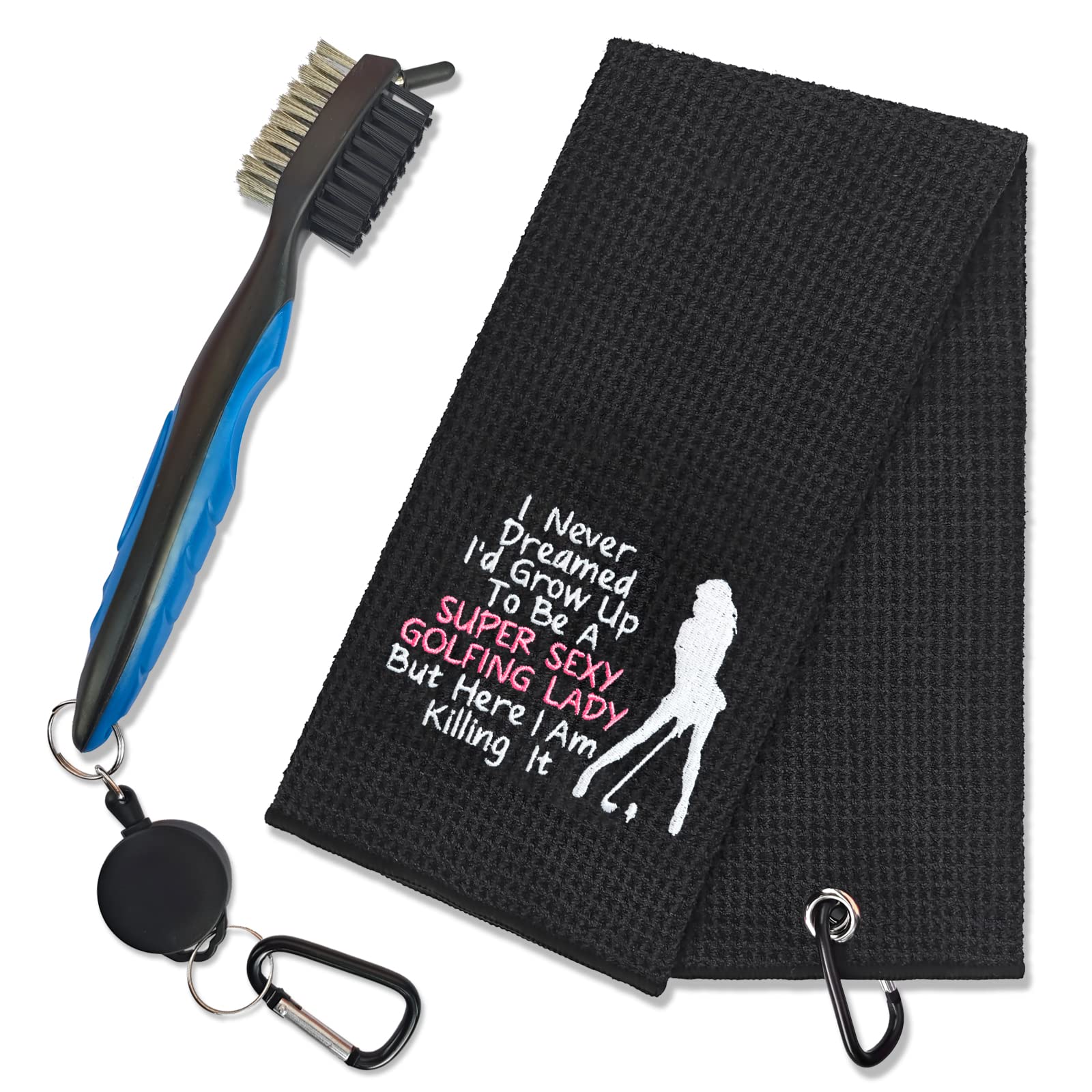 GEYGIE Super Sexy Golfing Lady Embroidered Golf Towels with Clip and Golf Brush with Retractable Extension Cord, Funny Golf Towel Gifts and Golf Accessories Set for Mom Women Daughter Wife Golf Fan