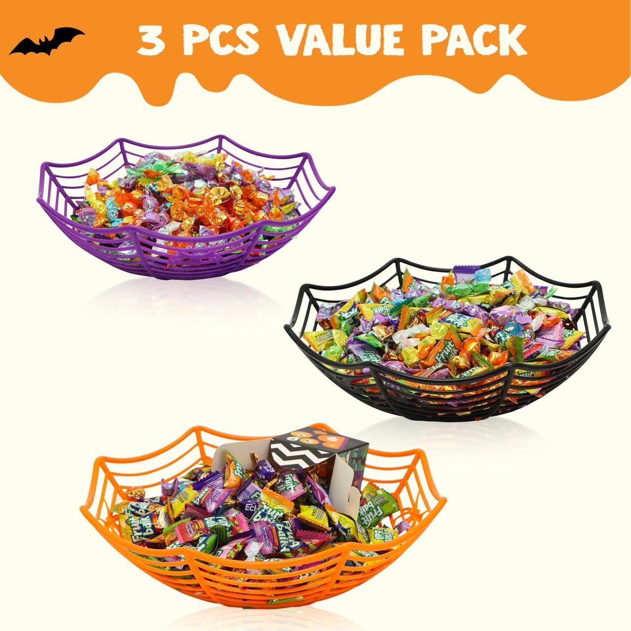 JOYIN 3 Pcs Halloween Candy Bowl Dish Spider Web Halloween Decorations Indoor Decor, Party Supplies Favors Table Desk Haunted House Trick Or Treat Basket Plastic