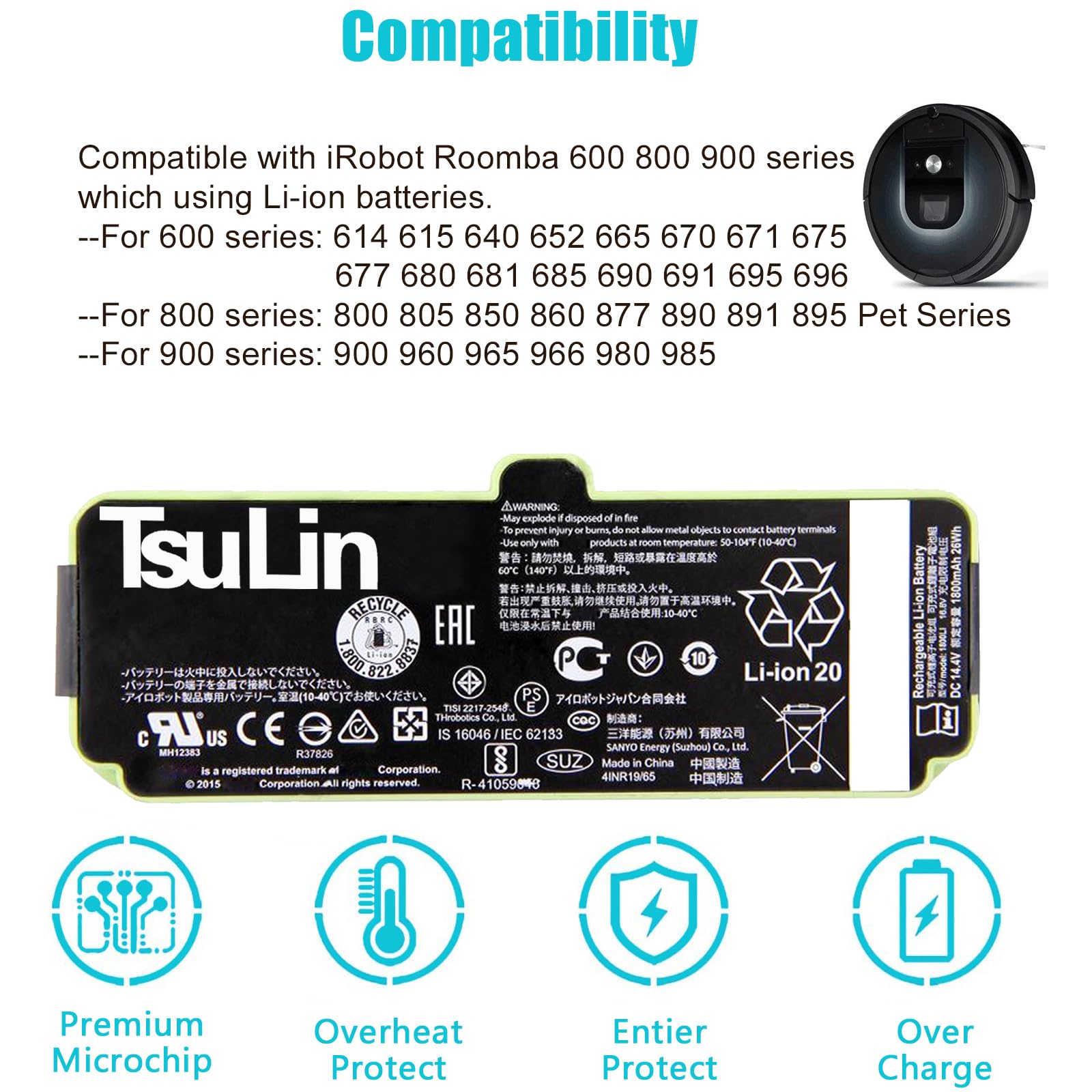 TsuLin for iRobot Replacement Parts Roomba 1800LI Lithium Ion Battery Compatible with Roomba 960 895 890 860 695 680 690 675 640 614 Series 4376392 14.4V 48Wh 3300mAh