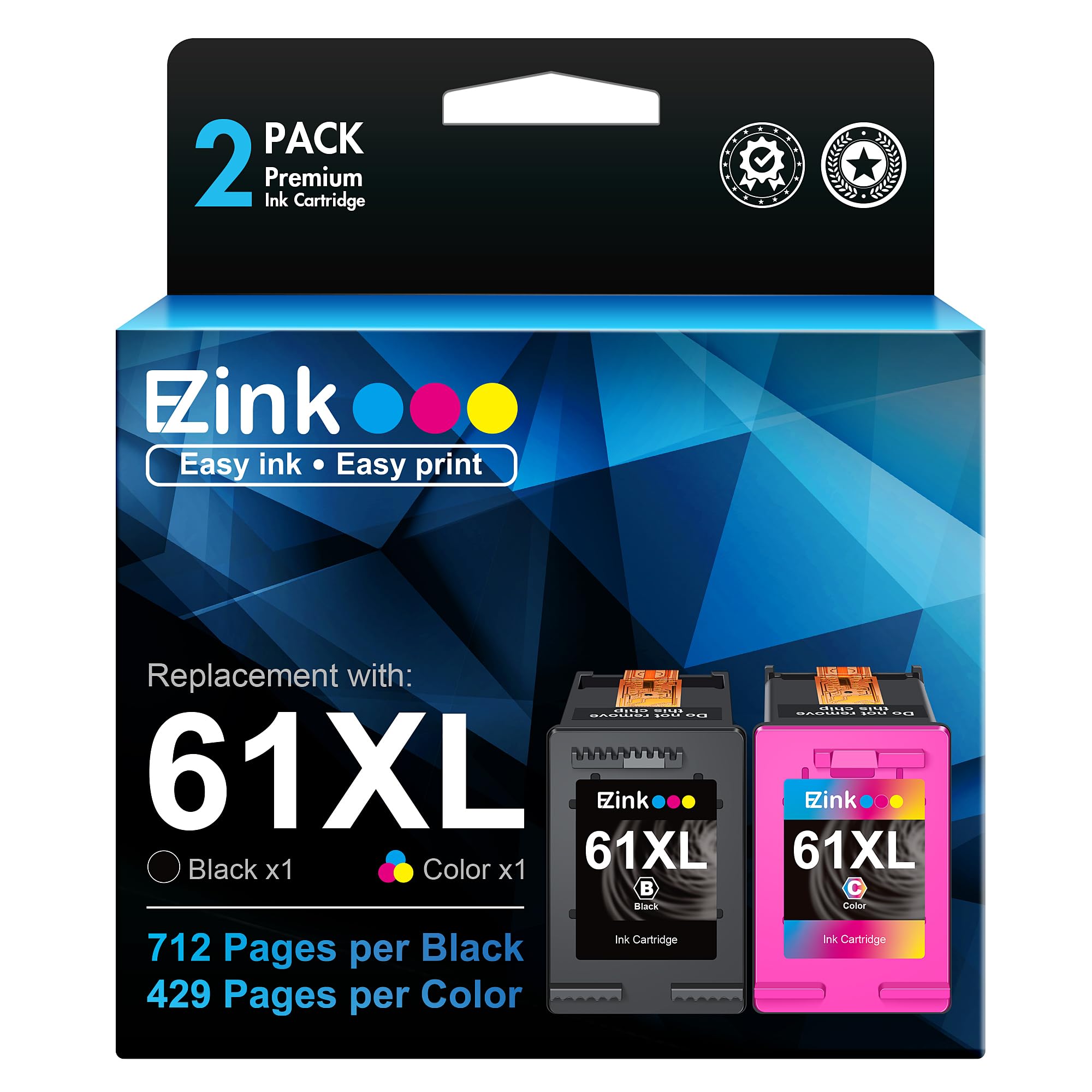 E-Z Ink (TM Remanufactured Ink Cartridge Replacement for HP Ink 61 61XL Ink Cartridge Combo Pack Work with HP Envy 4500 4502 5530 Deskjet 2540 3510 OfficeJet 4630 2620 Printer (1 Color, 1 Black)