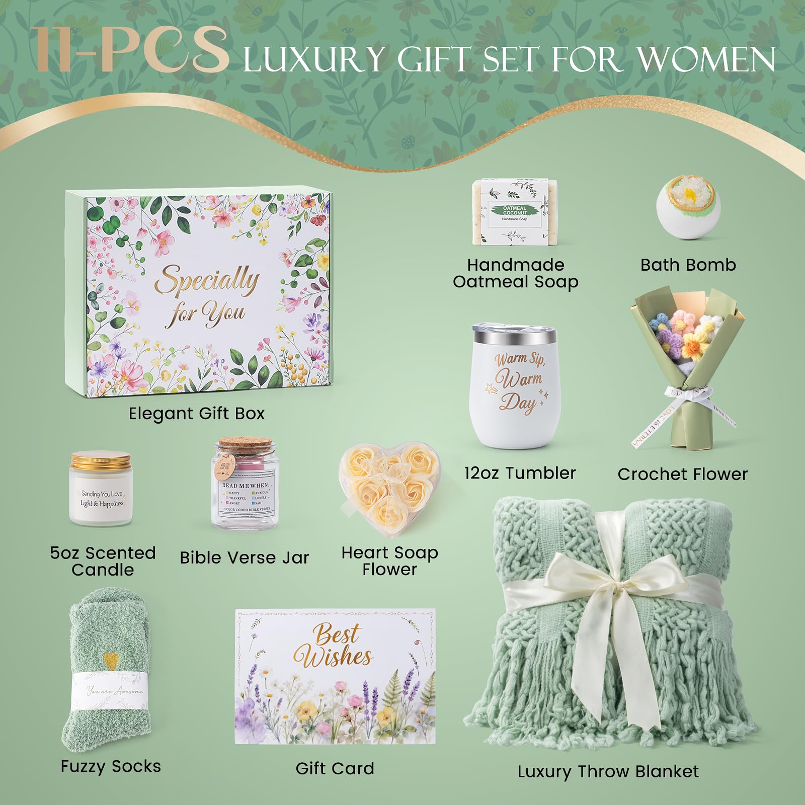 Birthday Gifts for Women, 11 Pcs Sage Green Self Care Package Get Well Soon Gift Baskets, Inspirational Thinking of You Thank You Gift with Bath Spa Gift Set - Unique Gifts for Women