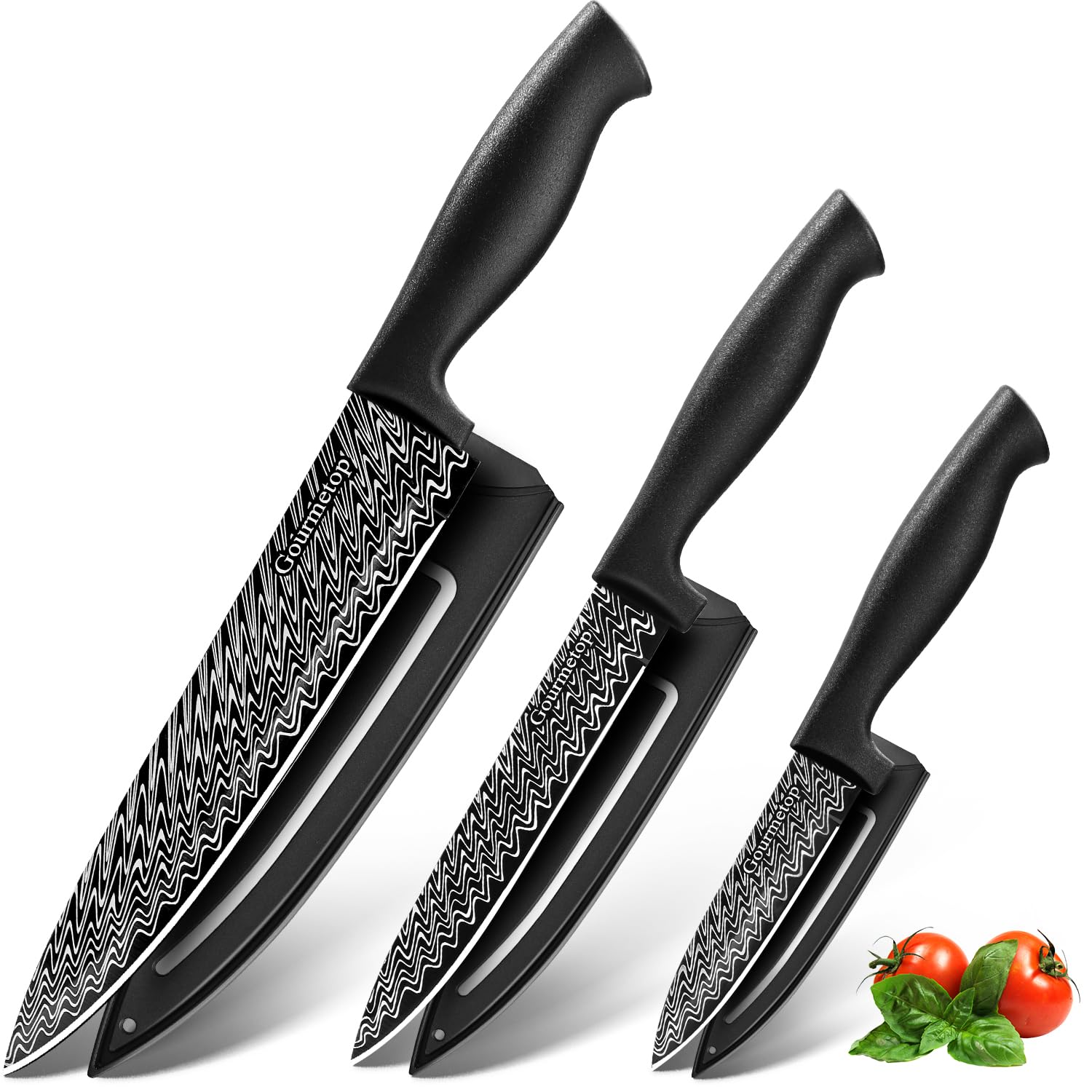 Gourmetop Chef Knife Set with Cover 3 Pcs, Black Kitchen Knife Set for Cooking, Sharp Small Kitchen Knives with Sheath, 8'' Chef Knife, 5'' Utility, 3.5'' Paring, Stainless Steel Chef Cutting Knives