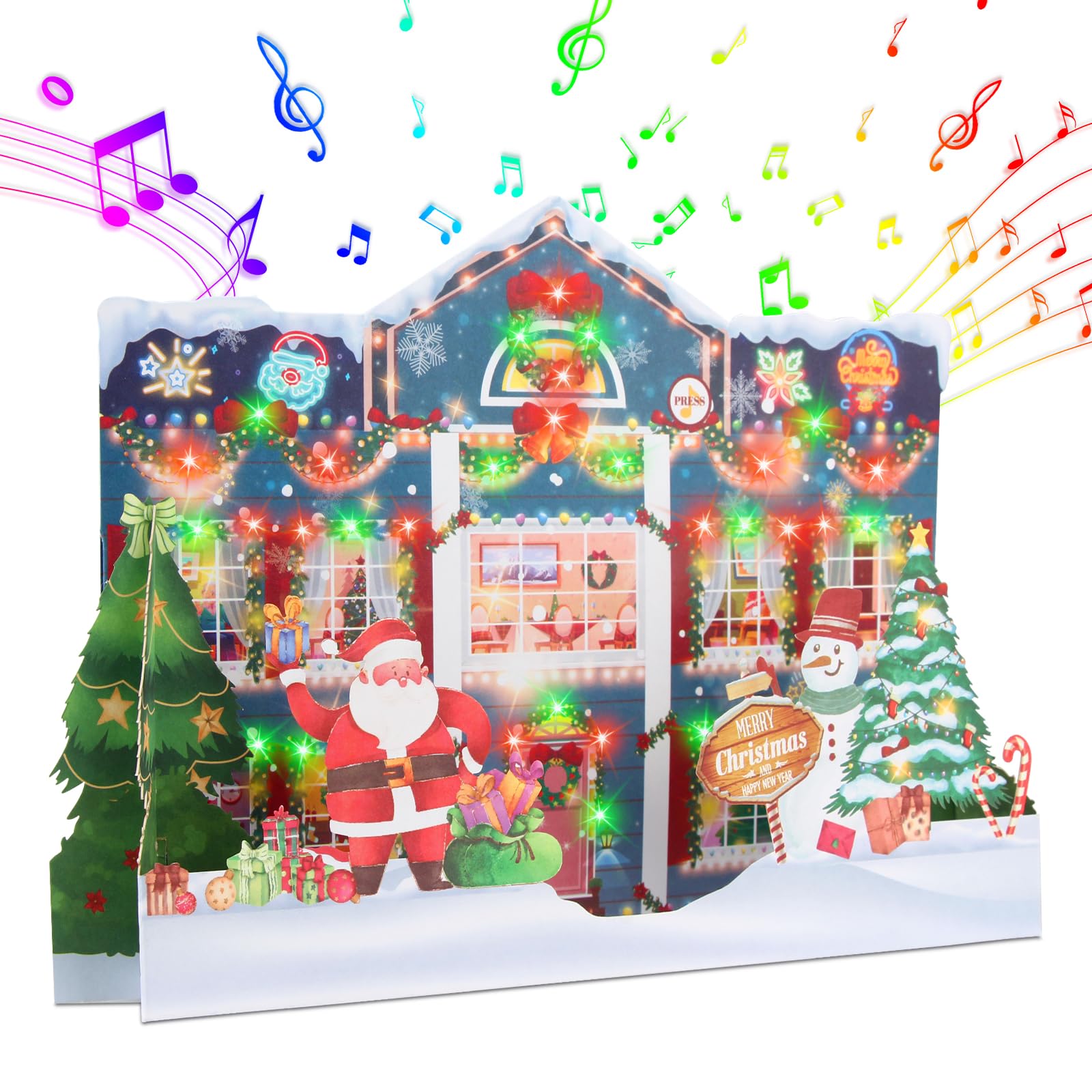 MZD8391 Musical & Lights Animated Christmas Home Cards, 3D Pop Up Christmas Cards, Playing 3 Christmas Songs with 3 Matching Lights Blinking Modes