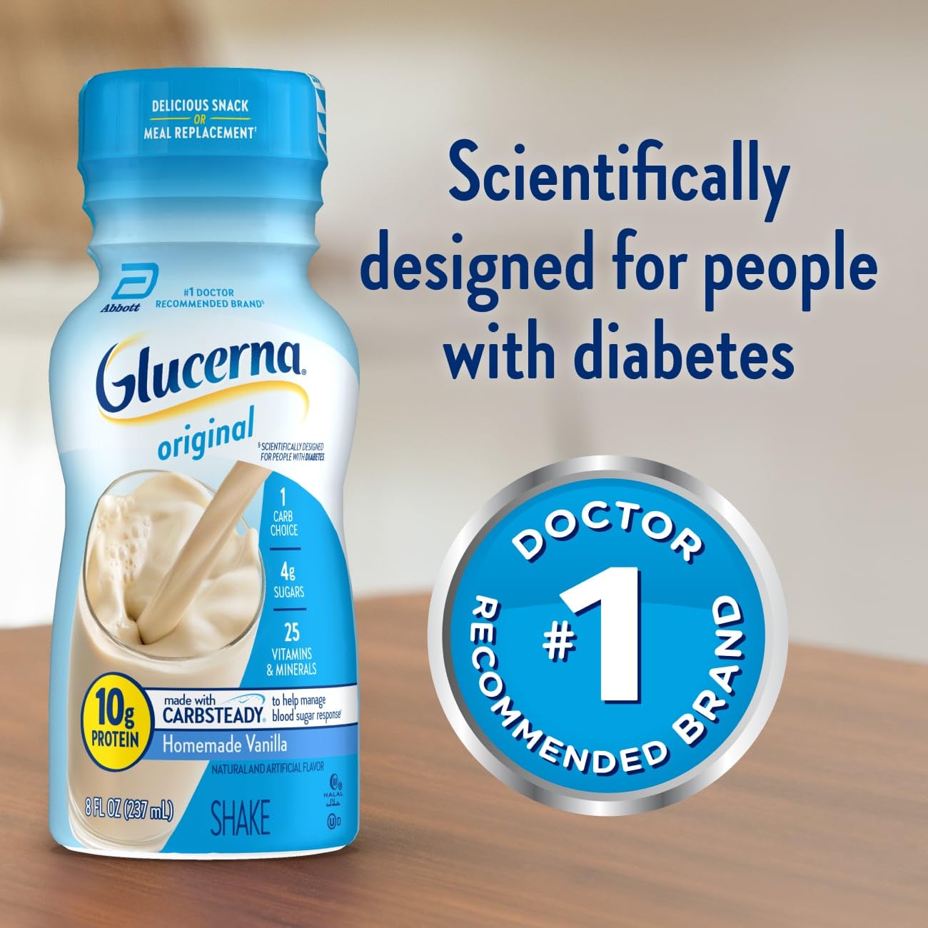 Glucerna Original Nutritional Shake, Diabetic Drink to Support Blood Sugar Management, 10g Protein, 180 Calories, Homemade Vanilla, 8-fl-oz Bottle, 24 Count