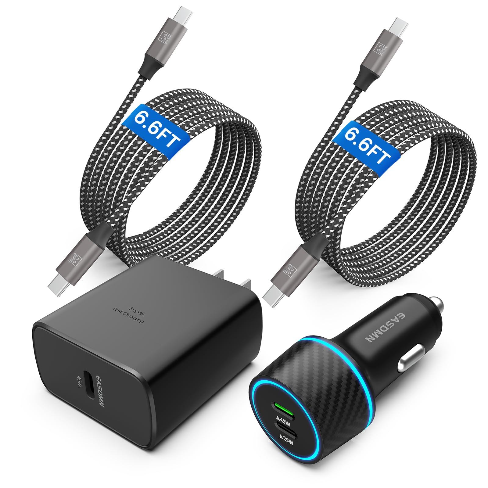 45W USB-C Charger, 2-Pack 45 Watt Samsung Super Fast Charger Type C PPS Wall/Car Charger for Samsung Galaxy S24 Ultra/S24+/S23 Ultra/S23+/S23/S22 Ultra/Note 10+, Galaxy Tab S9 with 2X 6.6ft Cable