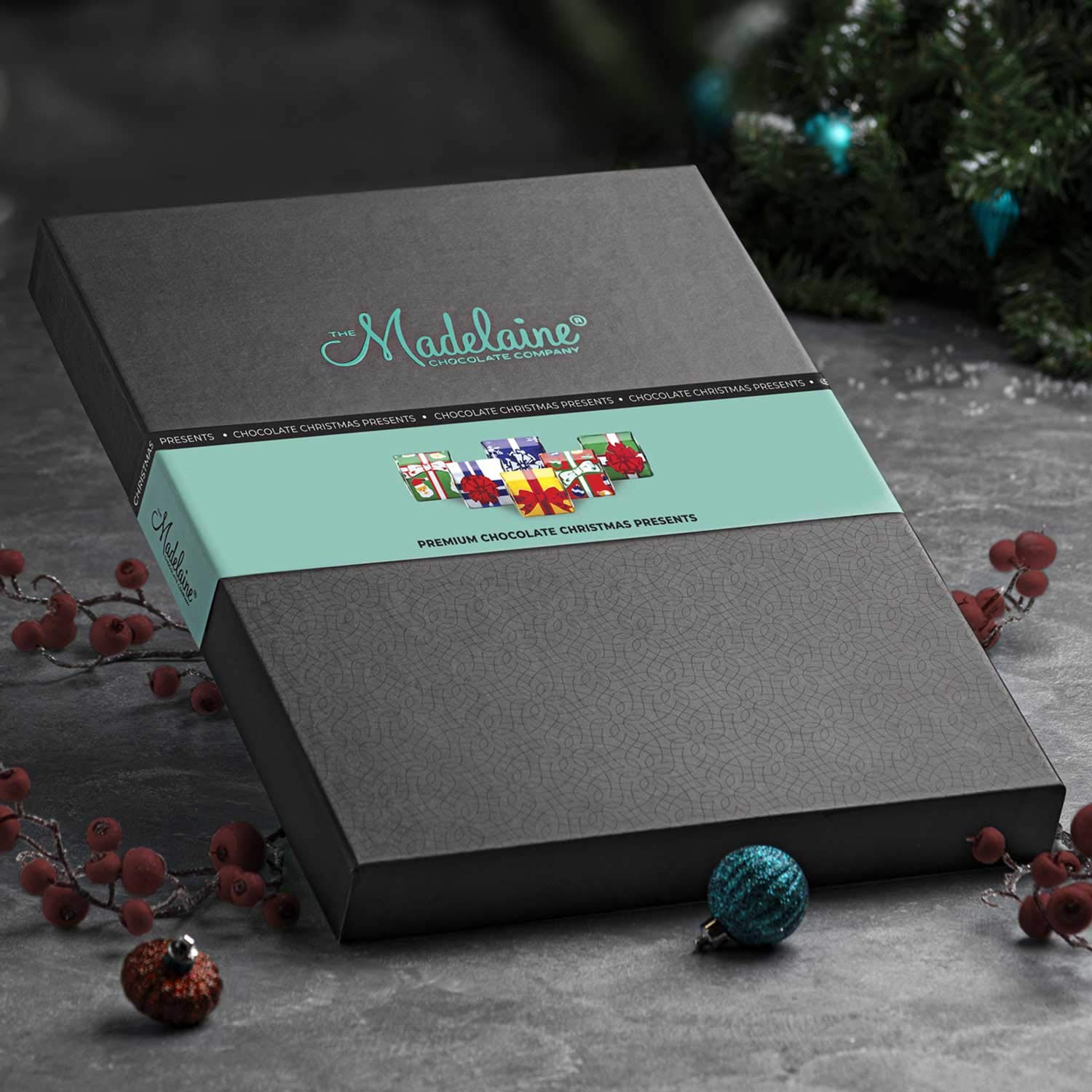 Madelaine Chocolate Extra Large Gift Box - Christmas Holiday Themed Gourmet Chocolate Candy - Best Corporate, Business, Client, Food Gift Baskets - Premium Solid Milk Chocolate Presents