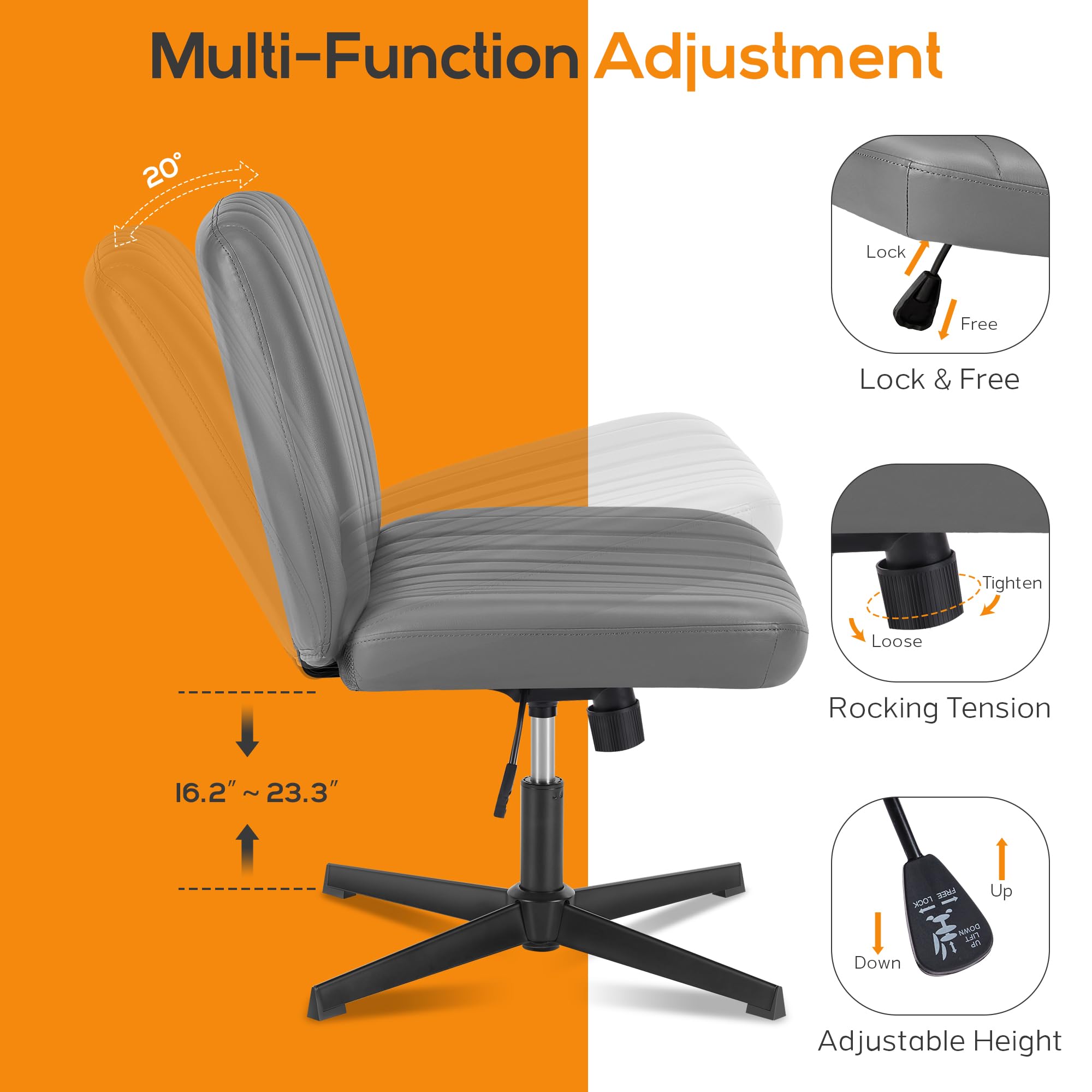 DUMOS Criss Cross Legged Office, Wide Comfty Desk, Wheels Armless Computer Task, Swivel Vanity Home Chair, Height Adjustable, Roman Silver