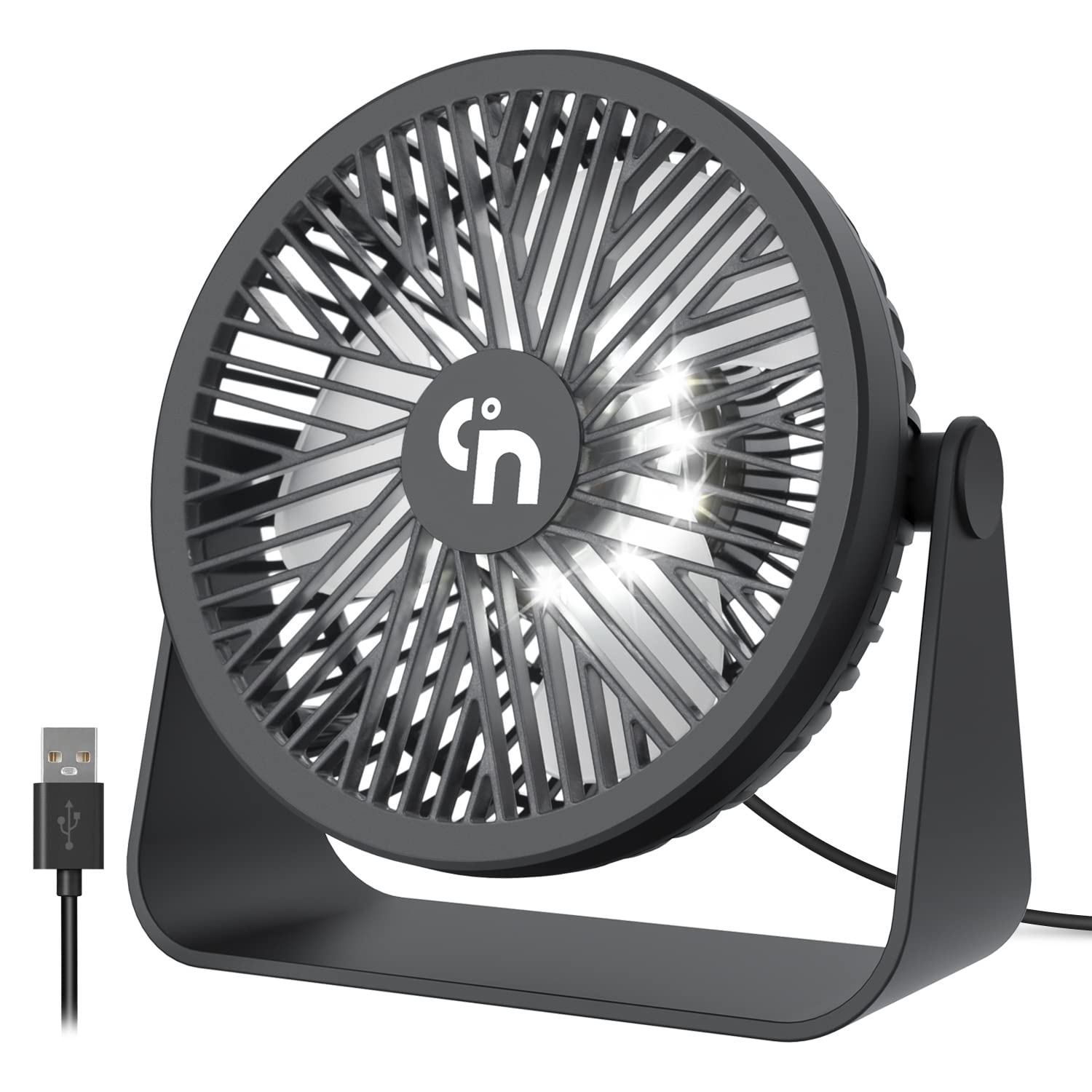 GagetElec USB Desk Fan with LED Night Lights,3 Speeds Cooling Small Fan,360°Rotation Strong Wind Table Fan,Quiet Mini USB Fan for Home Office Outdoor Travel 5.3 Inch (T5-01)