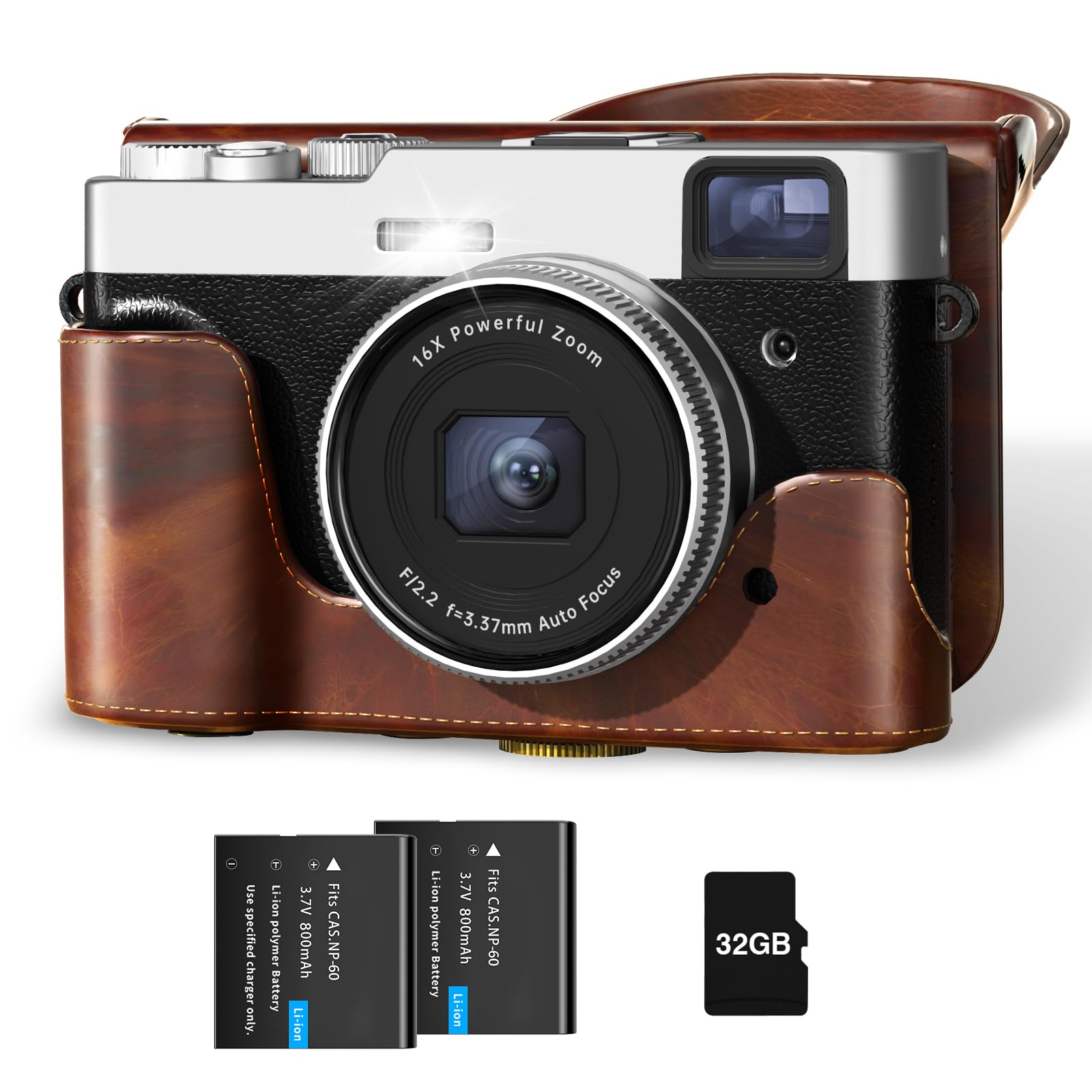 Upgraded 4K Digital Camera with Leather Case, 48MP Vlogging Cameras for Photography and Video with Viewfinder, Point and Shoot Camera for YouTube with 32G Card & 2 Batteries