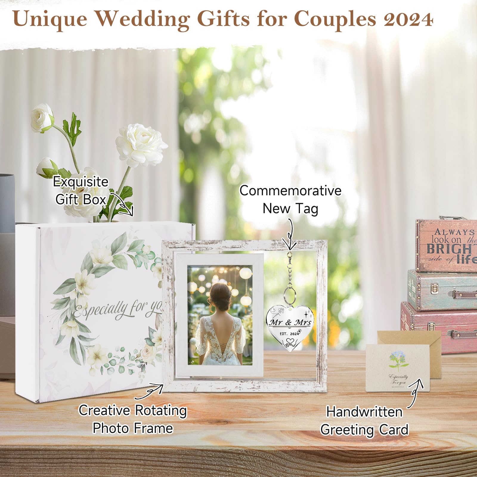 PIKPEOD Wedding Gifts for Couples 2024, Bridal Shower Gifts, Bride gifts, Rotating Wedding Picture Frame 4x6, Engagement Gifts for Couples, Mr and Mrs Gifts, Couple Gifts, Bachelorette Gifts for Bride