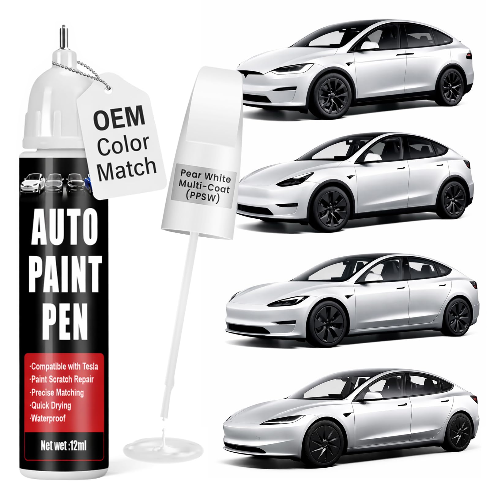 Touch Up Paint for Cars (Pearl White Multi-Coat PPSW), Compatible with Tesla Model Y/3/X/S, 0.4 fl oz Color Accurate 2-in-1 Car Paint Scratch Repair Pen, Easy to Use, Fast-Drying, Long-Lasting
