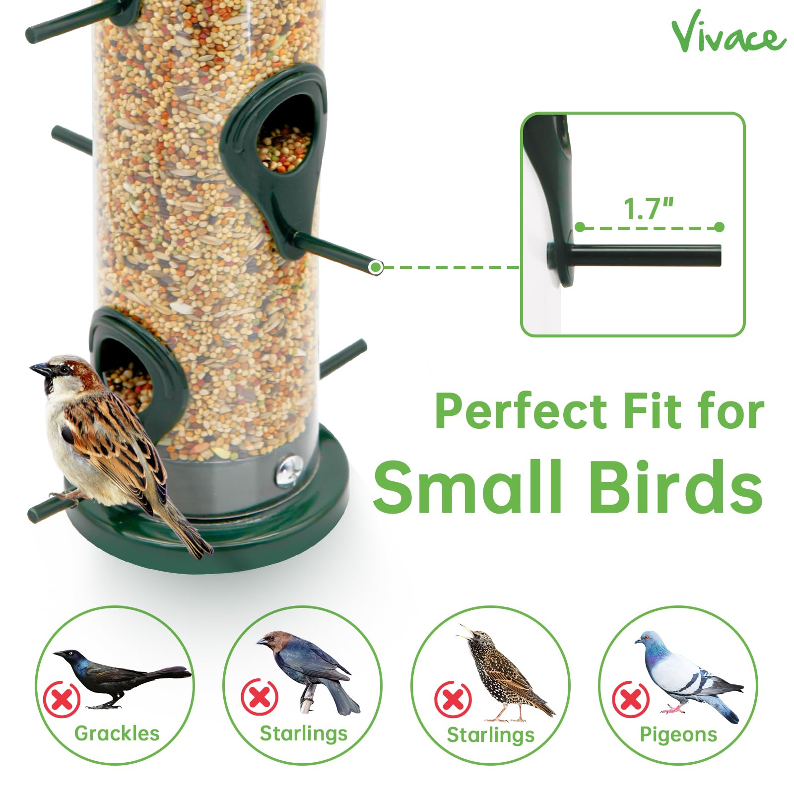 Vivace Bird Feeder, 2 Pack Classic Tube Bird Feeders for Outdoors Hanging Bird Feeder with 6 Feeding Ports, 2LB Seed Capacity Wild Bird Feeders, 14Inches，Premium