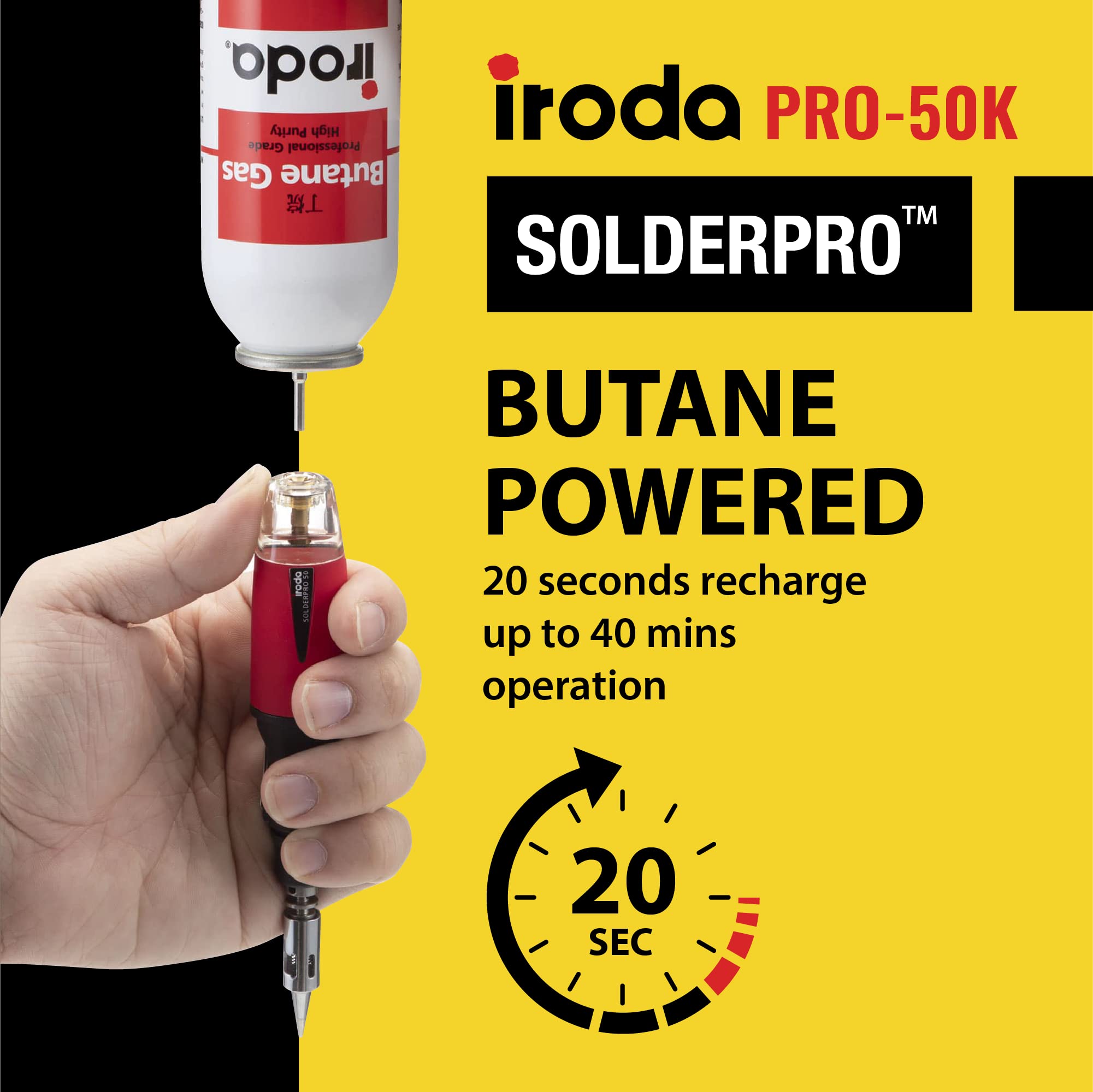 IRODA SOLDERPRO 50K Butane Soldering Iron Kit | 4-in-1 30-70W Heat Gun | Mini Torch | Cordless Portable Butane Soldering Kit Rapid Heat Up (Taiwan Made)
