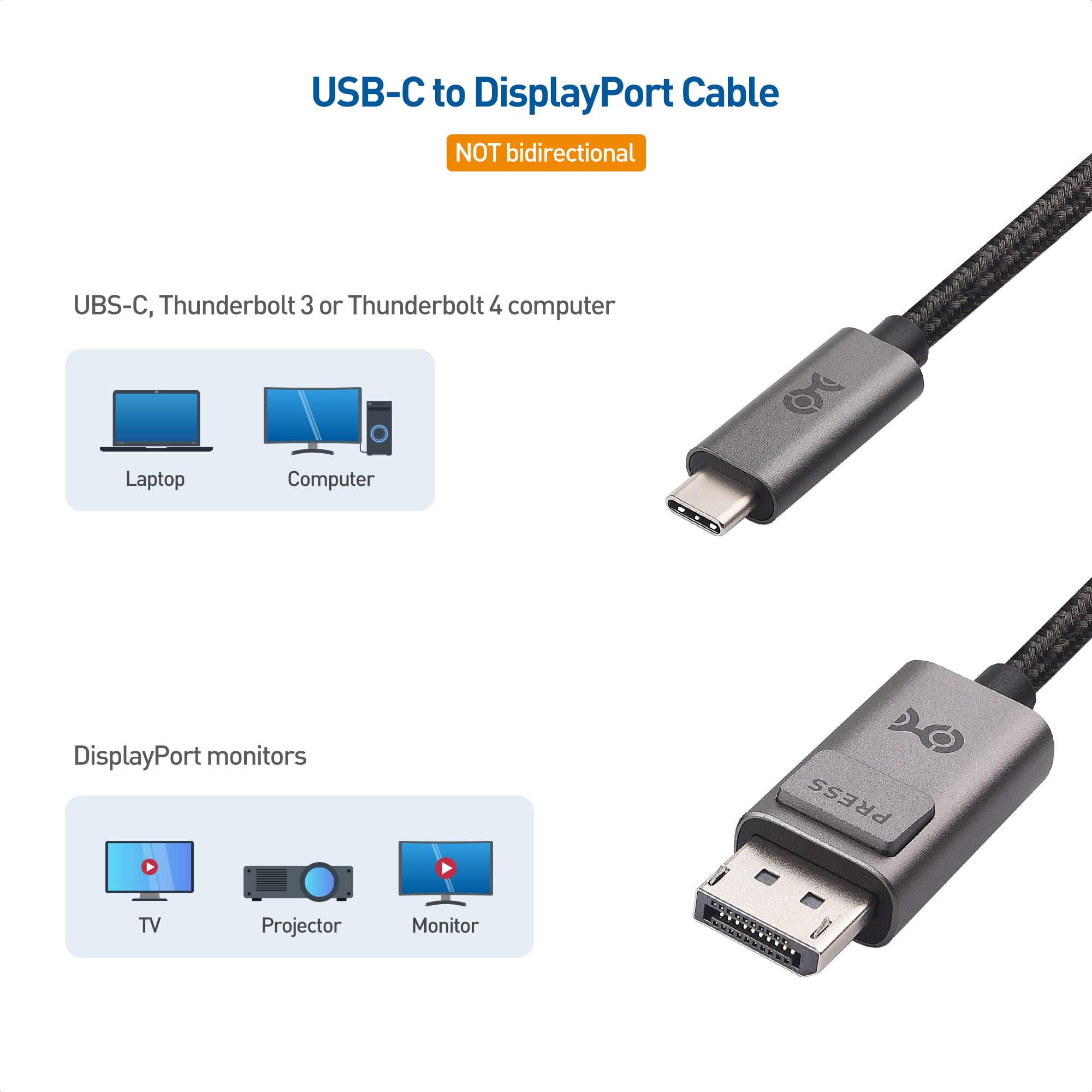 Cable Matters Braided USB C to DisplayPort 1.4 Cable 6ft, Support 4K@240Hz / 8K@60Hz (USB-C to DisplayPort, USB C to DP) in Gray - Thunderbolt 4 /USB 4 Compatible with MacBook, XPS