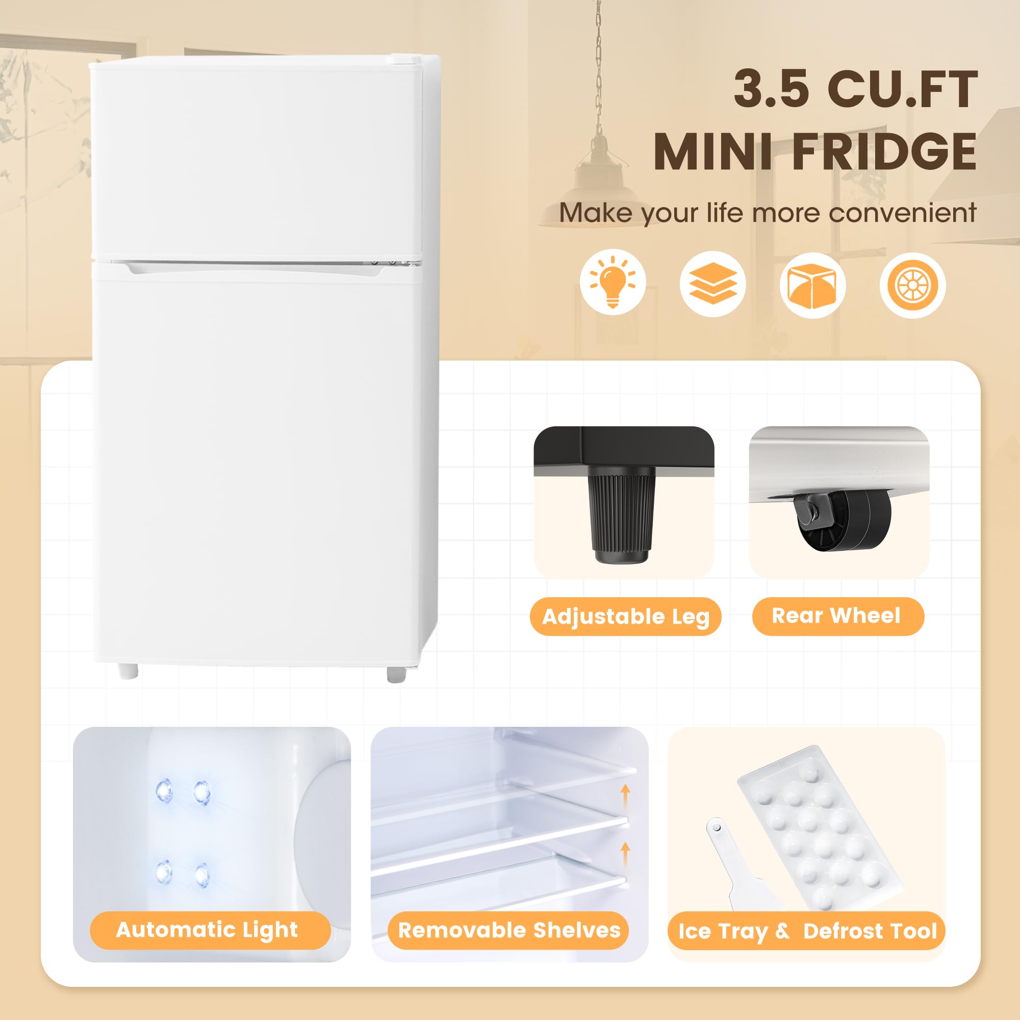 Manastin 3.5 Cu.Ft 2 Door Mini Fridge with Freezer, Small Refrigerator, 7 Level Adjustable Thermostat, Compact Fridge for Living Room, Dorm, Office, Kitchen and Apartment (Pearl White)