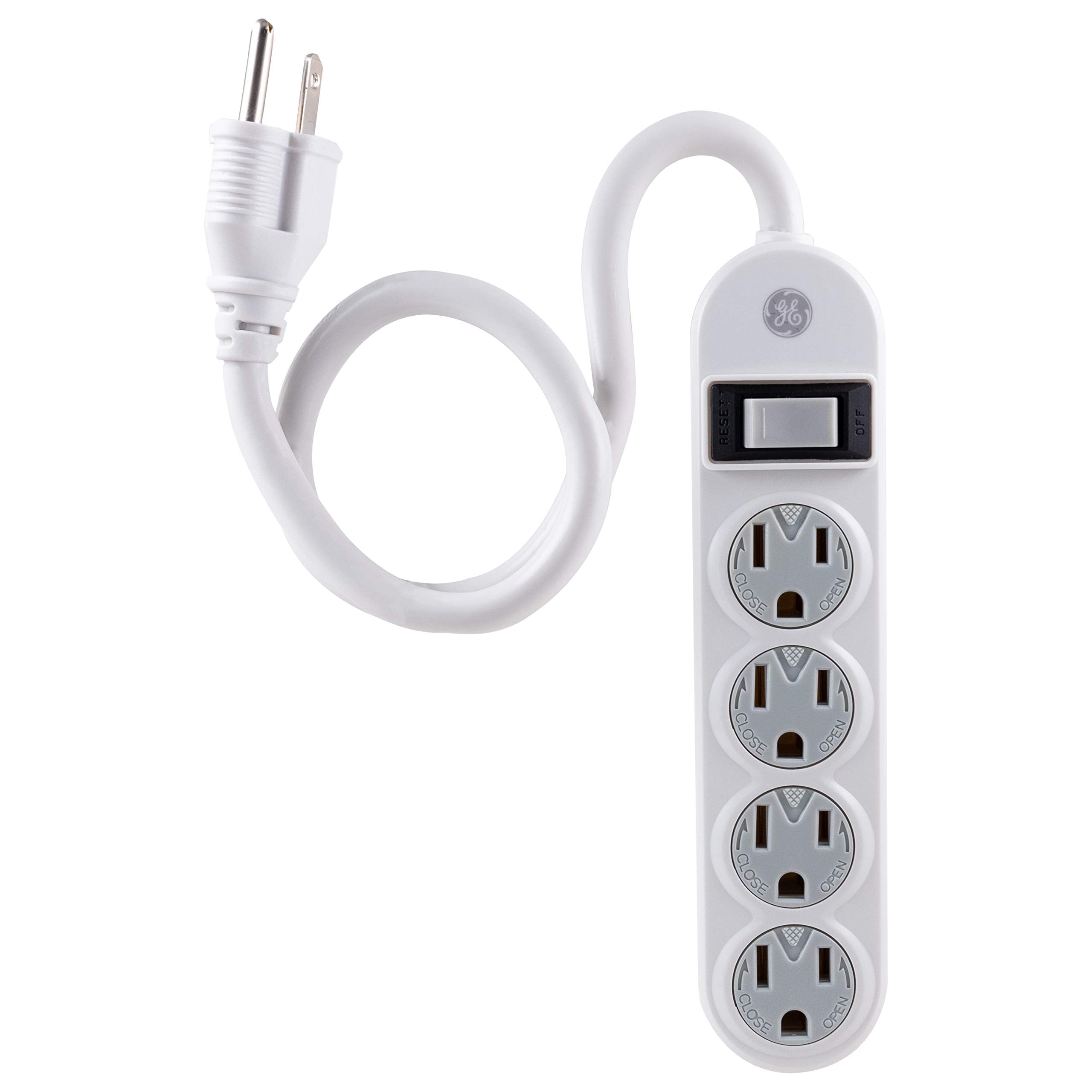 GE 14837 4 Power Strip Extension Cord, Grounded Outlets, Twist-to-Lock Safety Covers, Integrated Circuit Breaker, UL Listed, 1.5 Ft, White