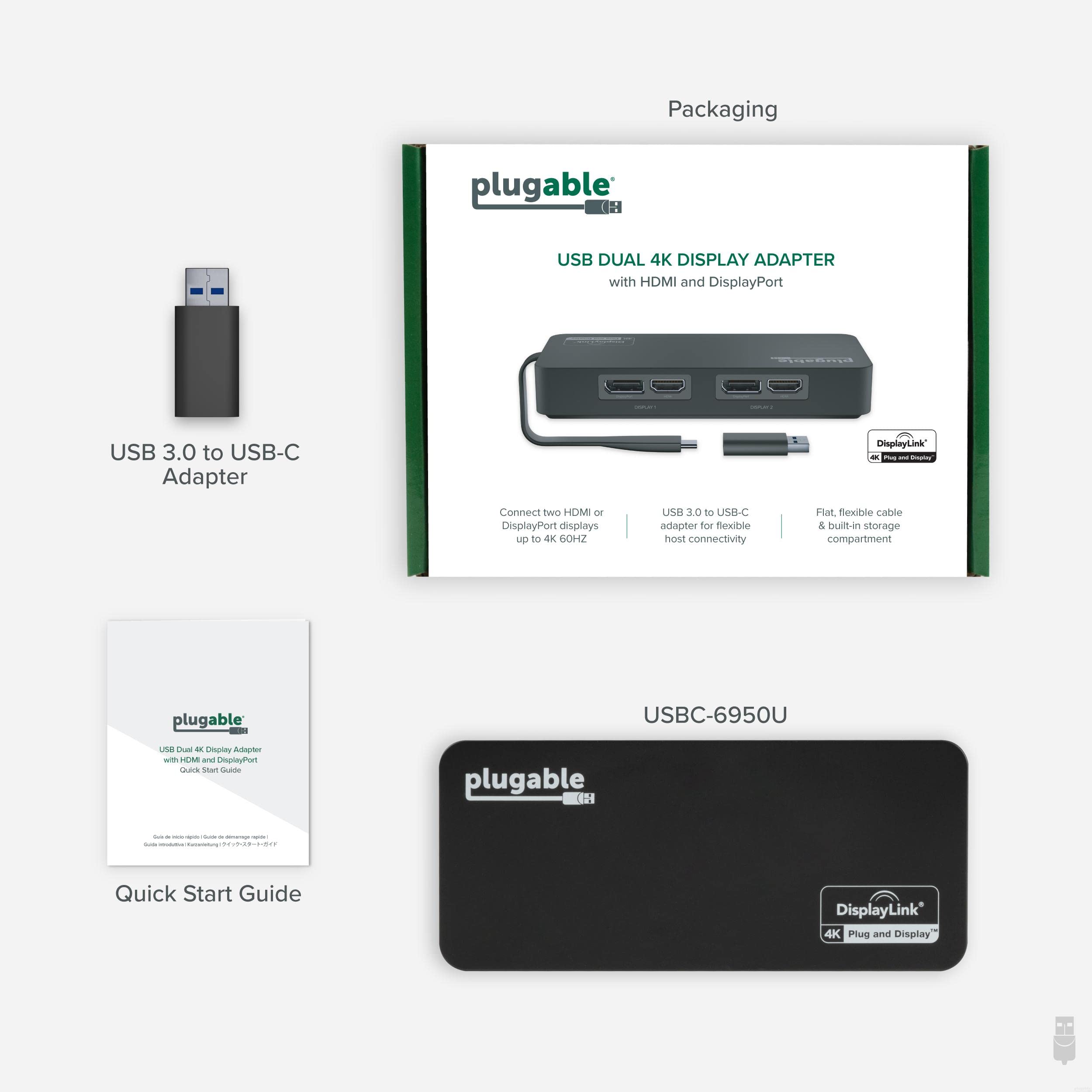 Plugable 4K DisplayPort and HDMI Dual Monitor Adapter for USB 3.0 and USB-C, Compatible with Windows and ChromeOS