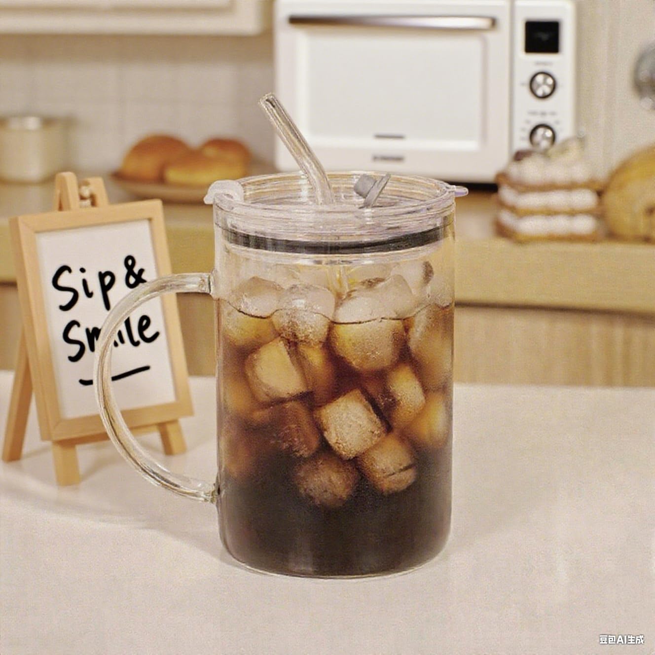 SIPBYSOP 34 oz Glass Tumbler With Handle,Clear Cup With Straw And Lid 34 oz, Borosilicate,Stainless Steel Straw,Large Capacity