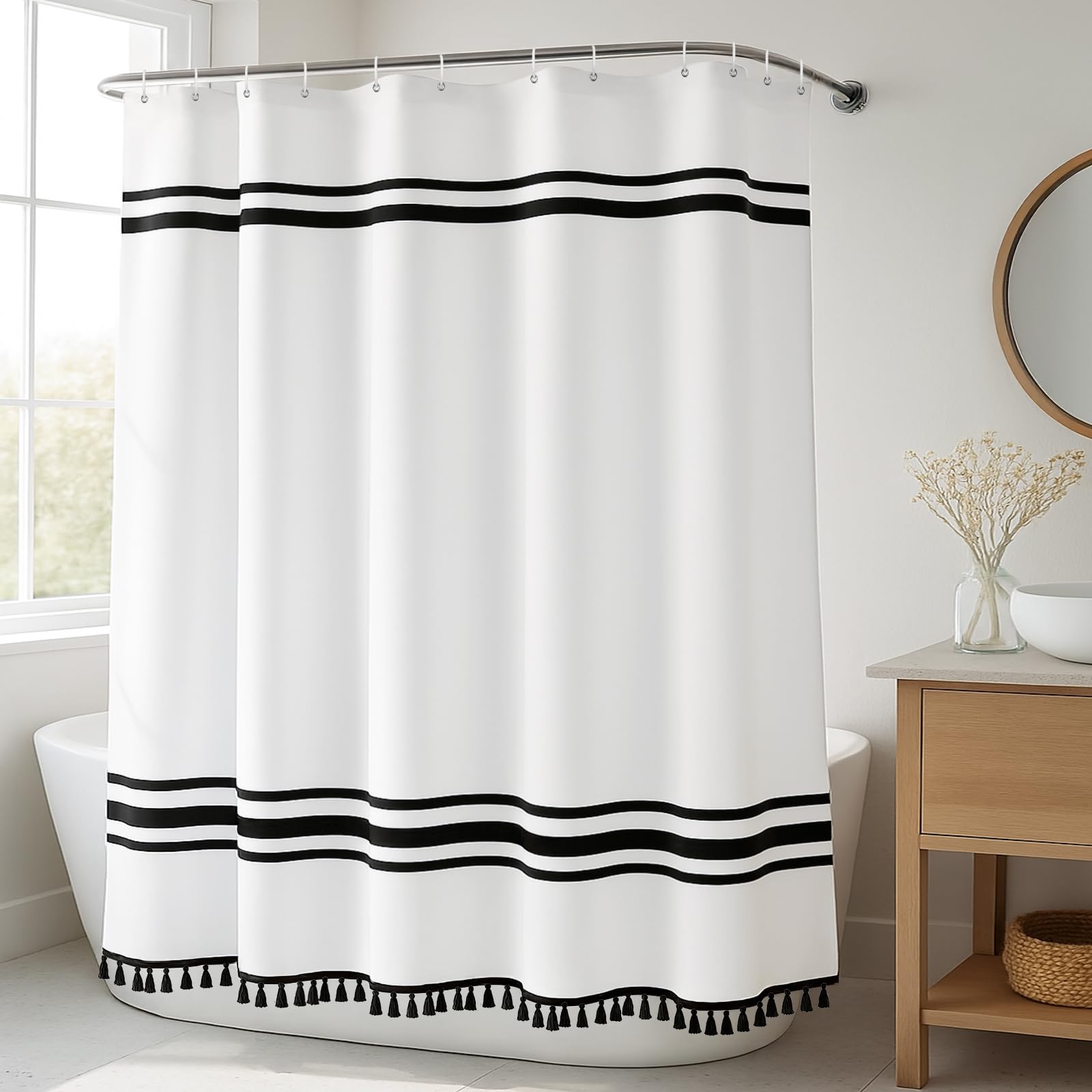 Seasonwood Black and White Shower Curtain Farmhouse Shower Curtain Striped Shower Curtains for Bathroom Sets Boho Shower Curtains with Tassels Modern Bathroom Curtains Decor Waterproof Fabric 72"x72"