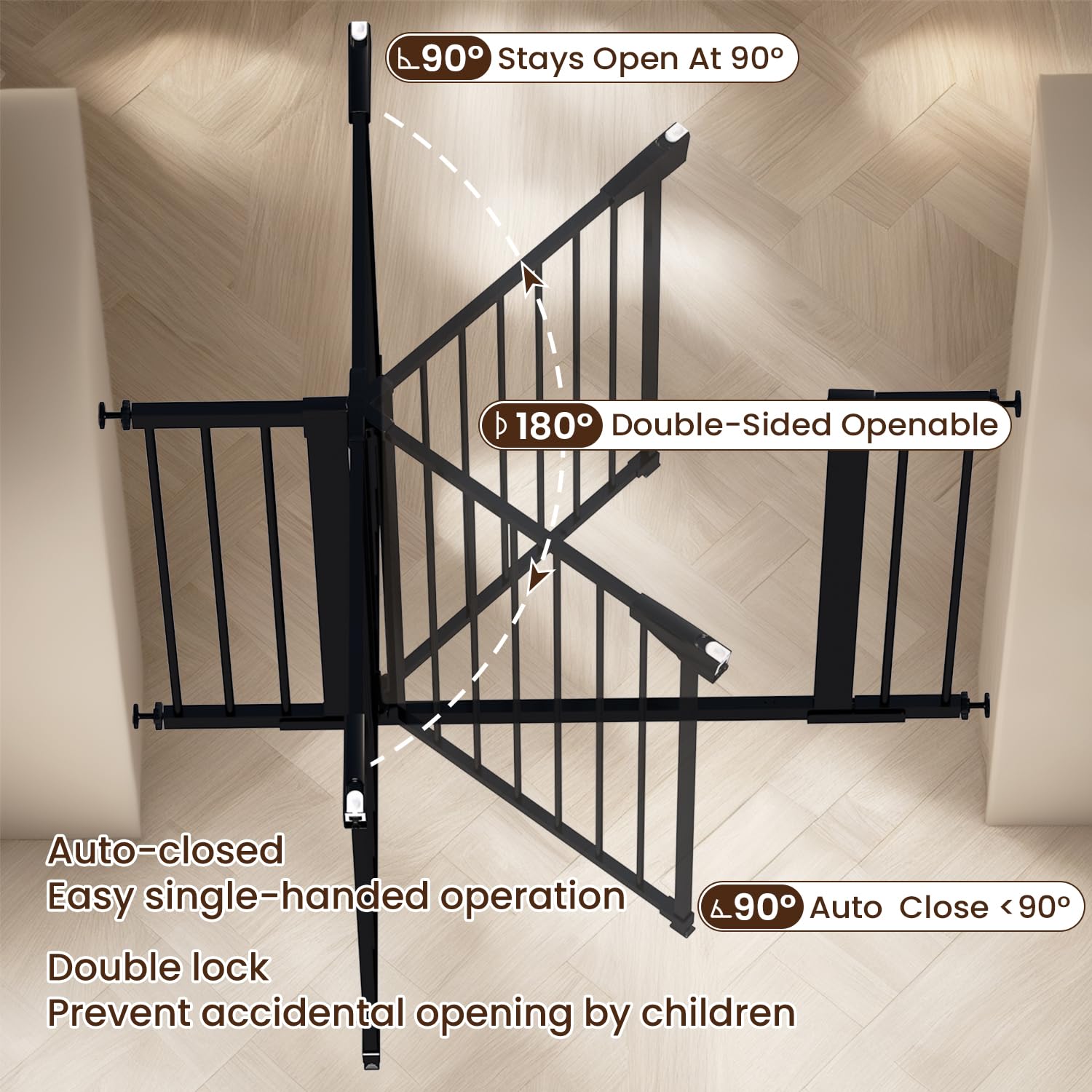 Mumeasy Baby Gate for Stairs - 29.6-46" Auto Close Dog Gate for Doorways, Extra Wide Child Gate Indoor, Walking Through Safety Gate for Kid, Pet Gates No Drilling Black, Mom's Choice Awards Winner