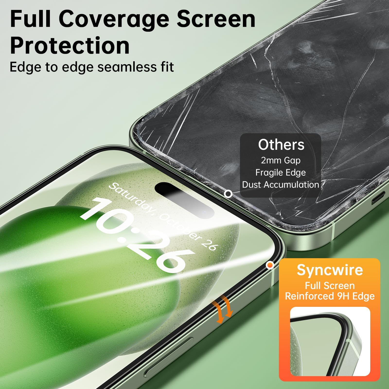 SYNCWIRE iPhone 15 Screen Protector 3 Pack, Glass Screen Protector for iPhone 15 [Easy Installation][No Bubbles][Full Coverage][Sensitve and Clear], 6.1 inches Screen Saver