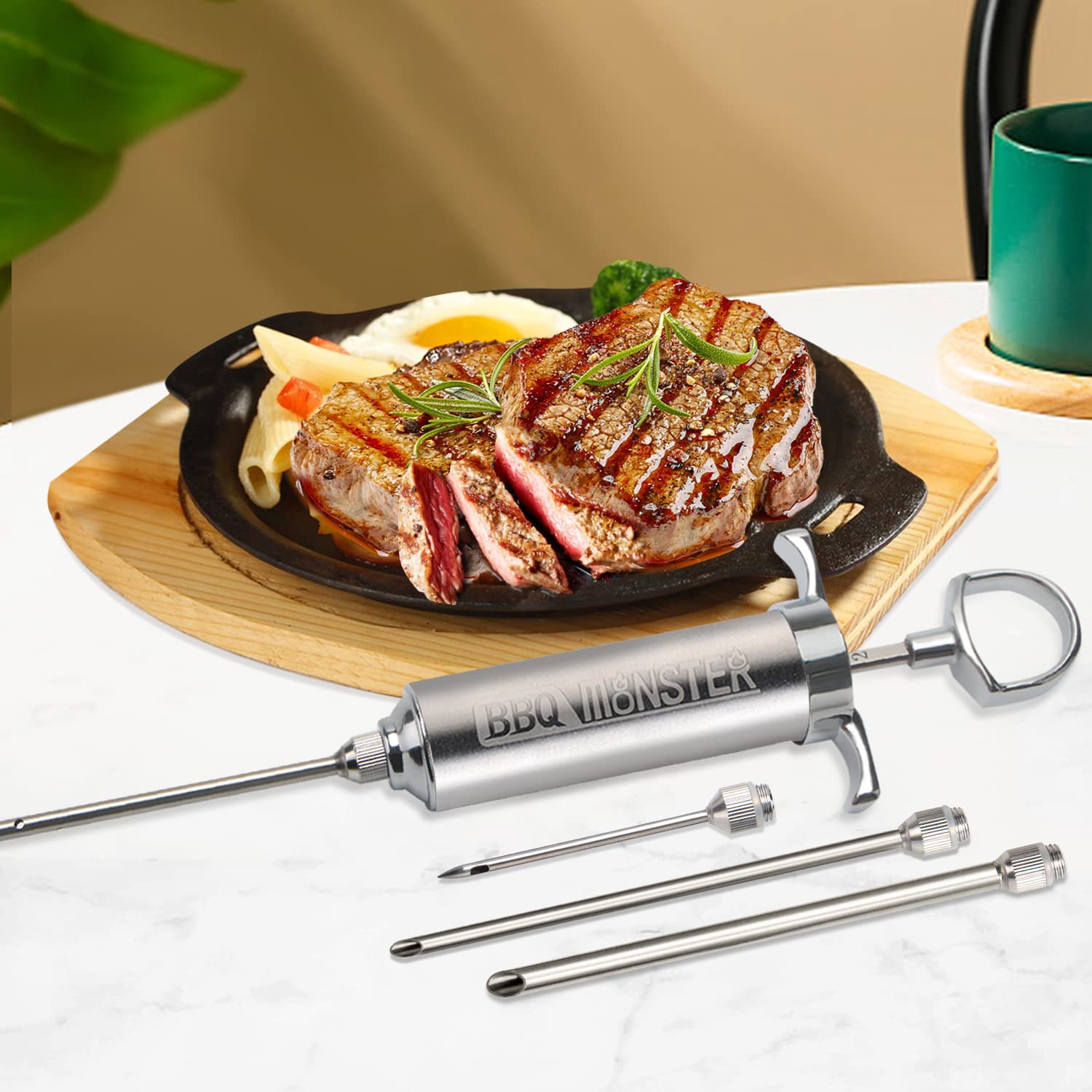 BBQ Monster Meat Injector Syringe Kit with 4 Professional Marinade Injector Needles for BBQ Grill Smoker, Turkey and Brisket; 2-oz Large Capacity, Including Paper User Manual, Recipe E-Book (PDF)