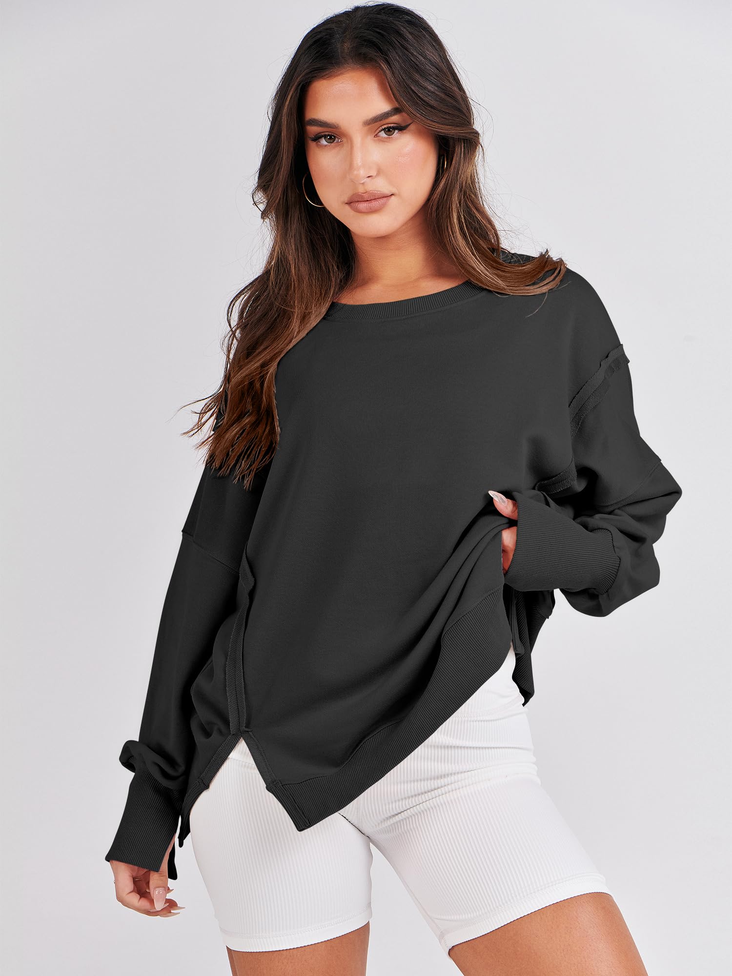 ANRABESS Women's Oversized Sweatshirt Crew Neck Long Sleeve Casual Slit Pullover Top Fall 2024 Teen Girl Preppy Clothes Black XXL